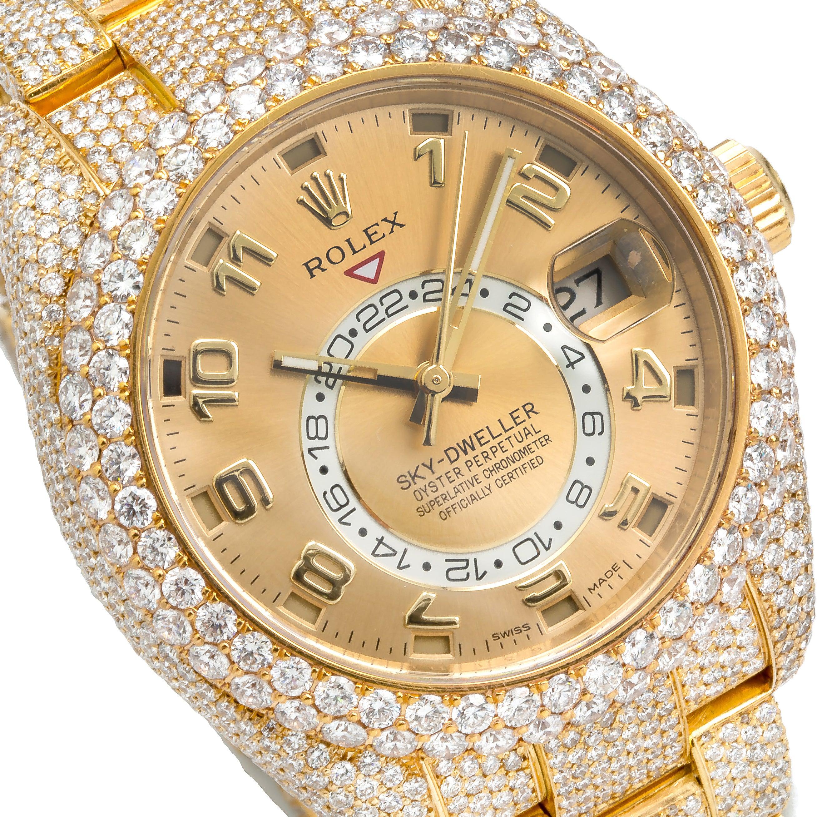 Rolex Sky-Dweller 42MM 326938 Champagne Dial Diamond Bezel 18K Yellow Gold Full Diamond Oyster Bracelet 23.75ct