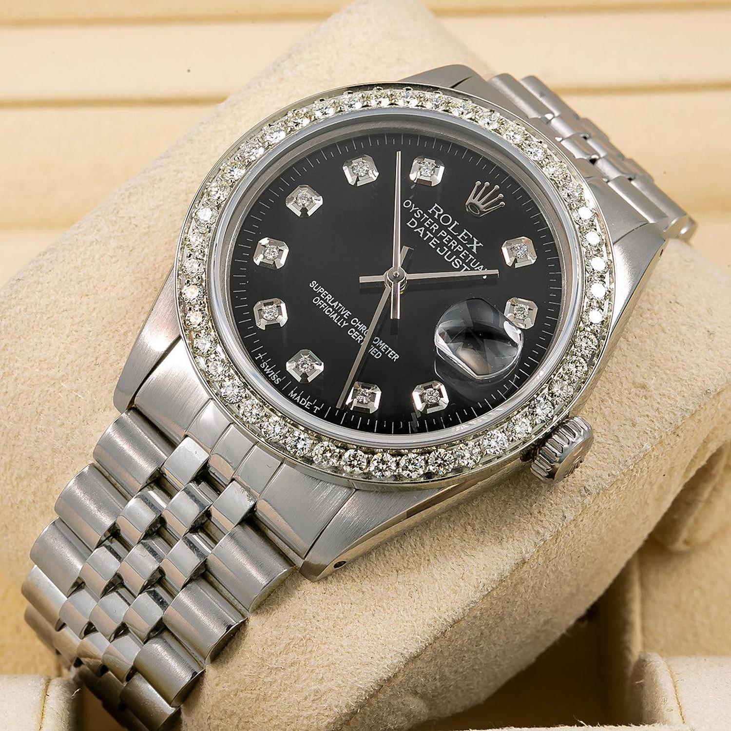 Rolex Datejust 36MM 16014 Black Diamond Dial Diamond Bezel Stainless Steel Jubilee Bracelet 1.4ct