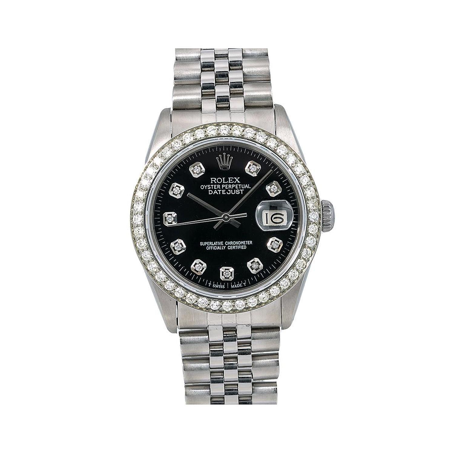 Rolex Datejust 36MM 16014 Black Diamond Dial Diamond Bezel Stainless Steel Jubilee Bracelet 1.4ct