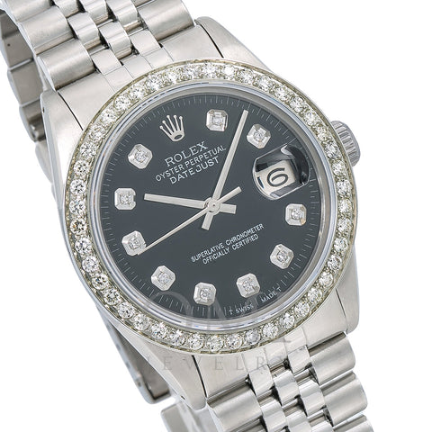 Rolex Oyster Perpetual Diamond Watch, Datejust 16014 36mm, Black Diamond Dial With 1.40 CT Diamonds