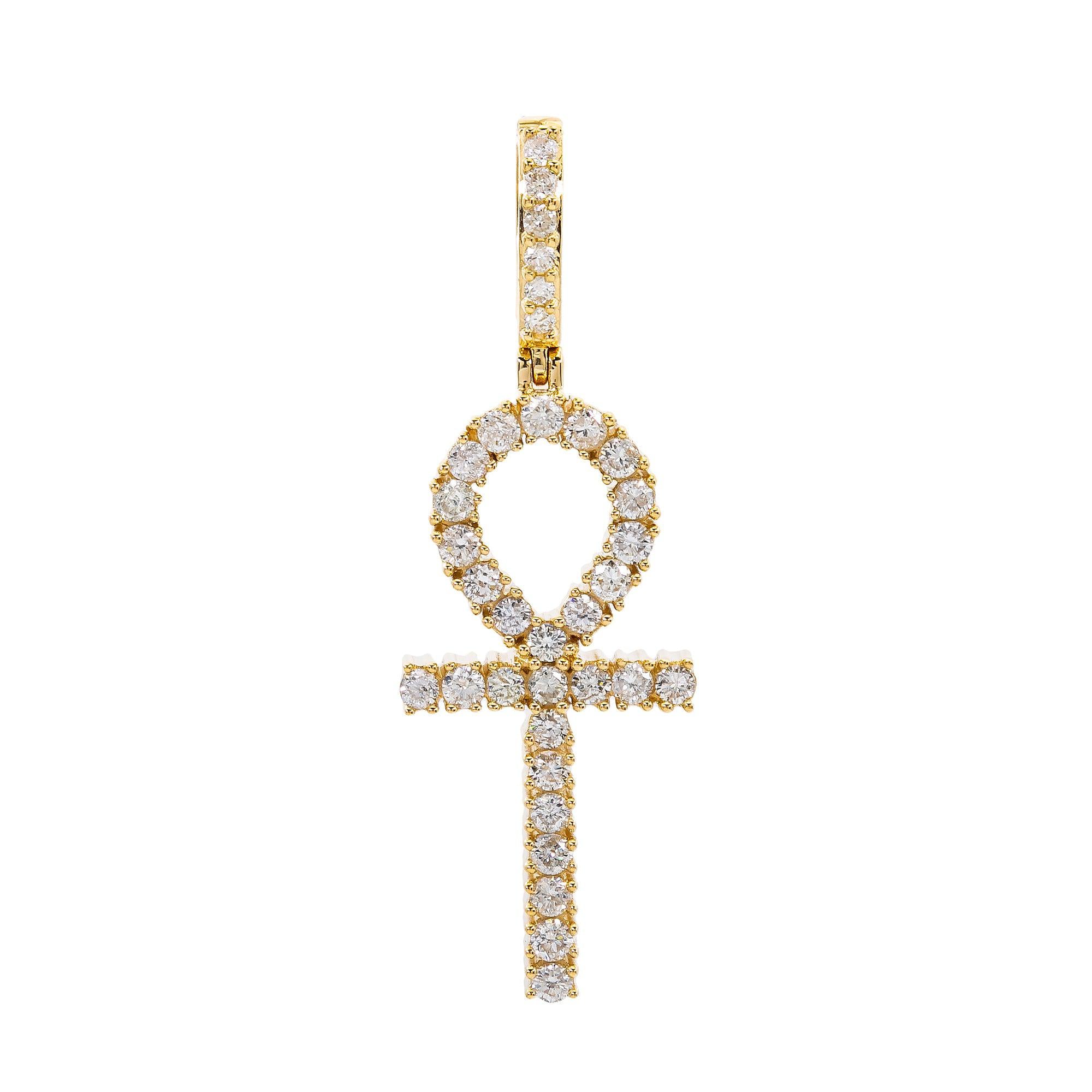 Unisex 14K Yellow Gold Ankh Pendant with 1.22 CT Diamonds