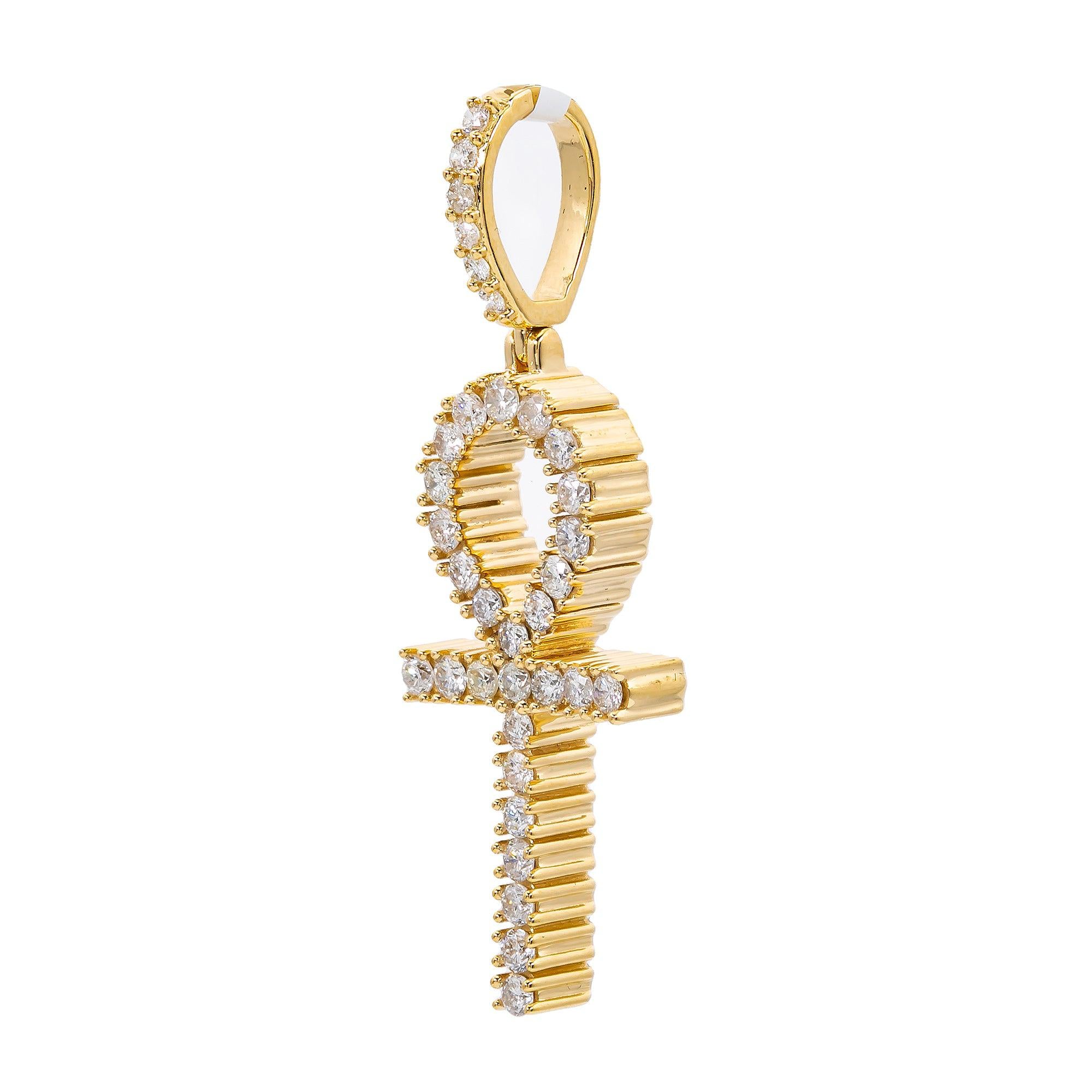 Unisex 14K Yellow Gold Ankh Pendant with 1.22 CT Diamonds
