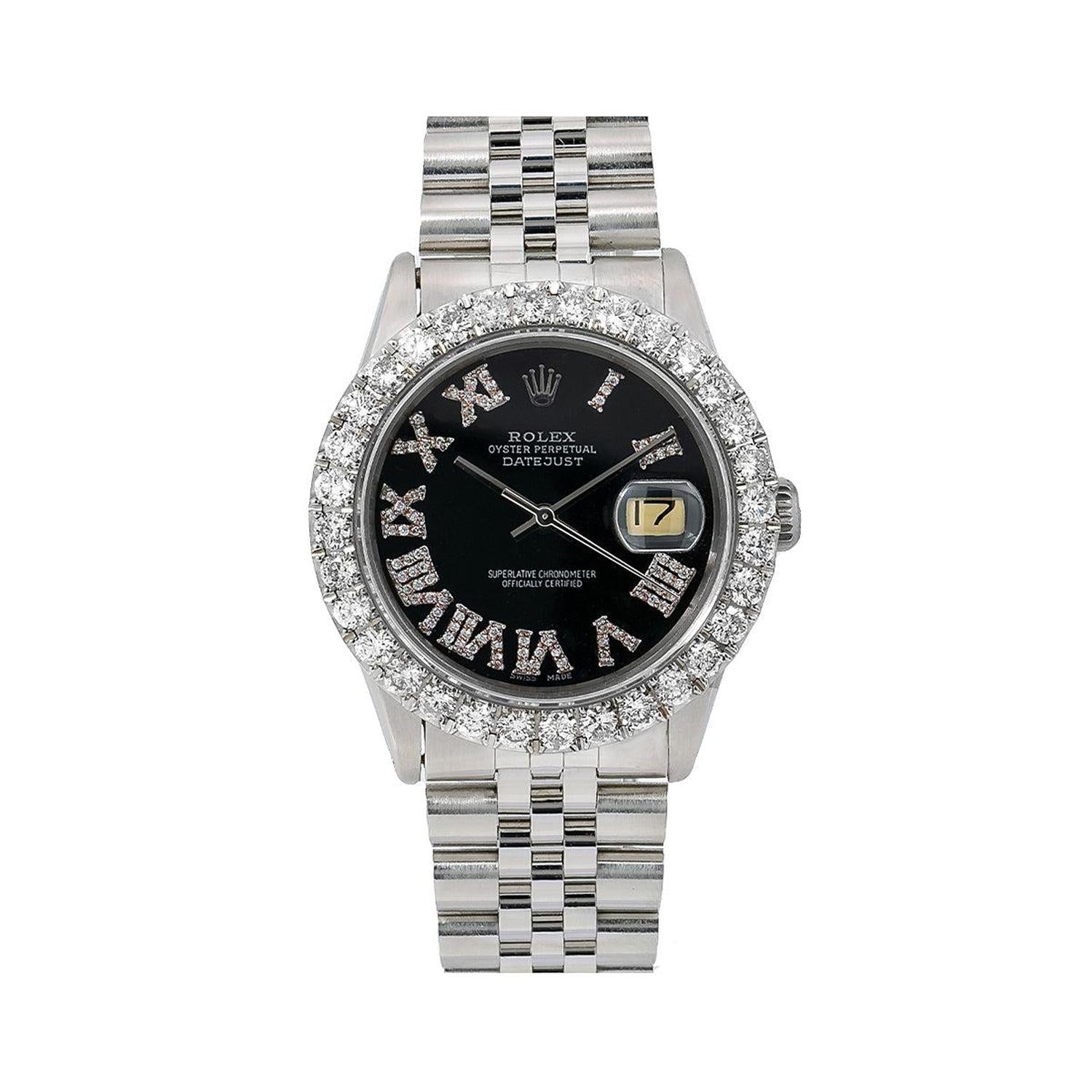 Rolex Datejust 36MM 16014 Black Roman Dial Diamond Bezel Stainless Steel Jubilee Bracelet 3.25ct