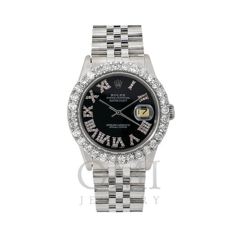 Rolex Oyster Perpetual Diamond Watch, Datejust 16014 36mm, Black Diamond Dial With 3.25 CT Diamonds