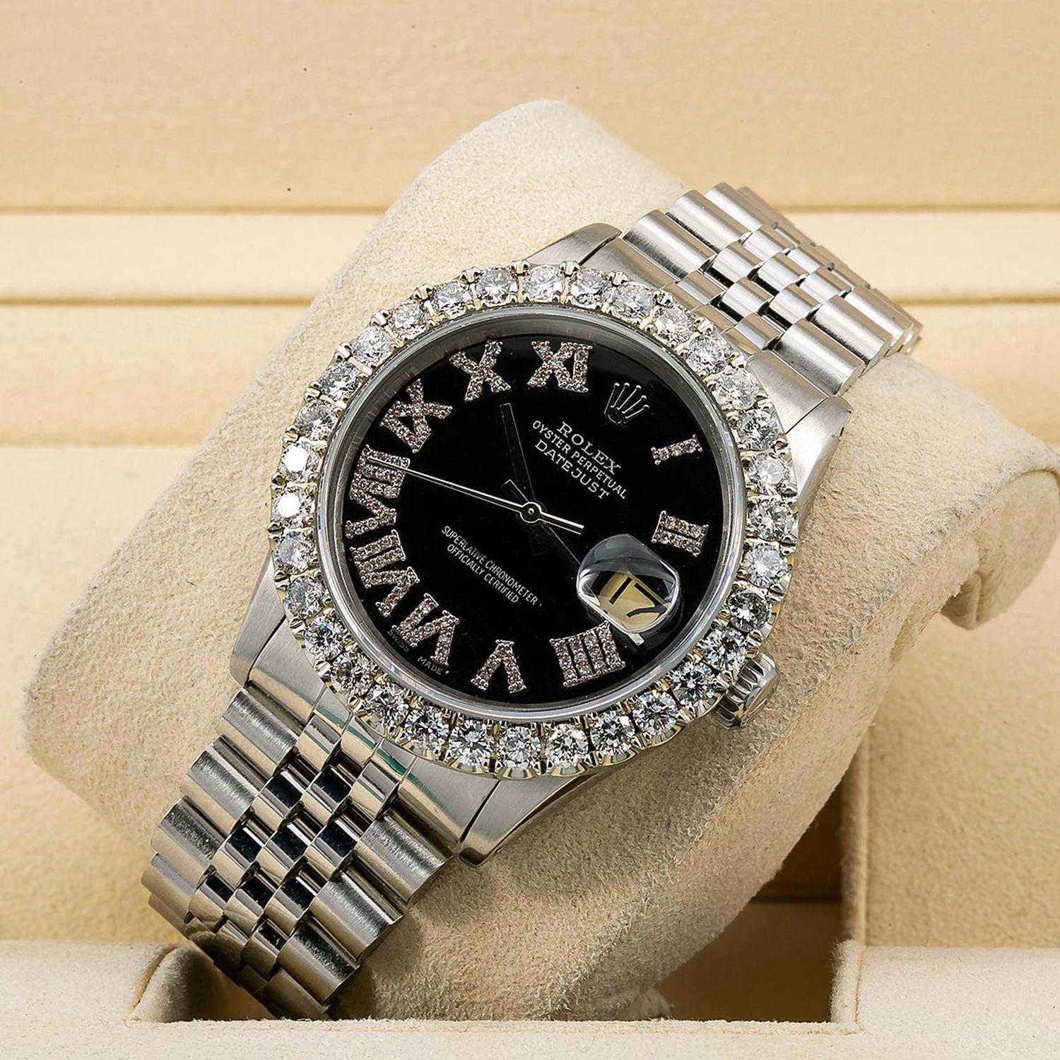 Rolex Datejust 36MM 16014 Black Roman Diamond Dial Diamond Bezel Stainless Steel Jubilee Bracelet 3.25ct