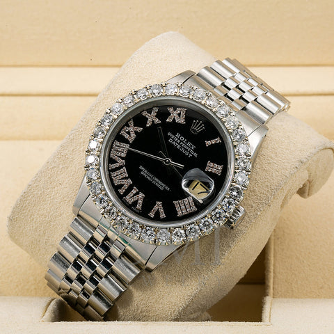 Rolex Oyster Perpetual Diamond Watch, Datejust 16014 36mm, Black Diamond Dial With 3.25 CT Diamonds