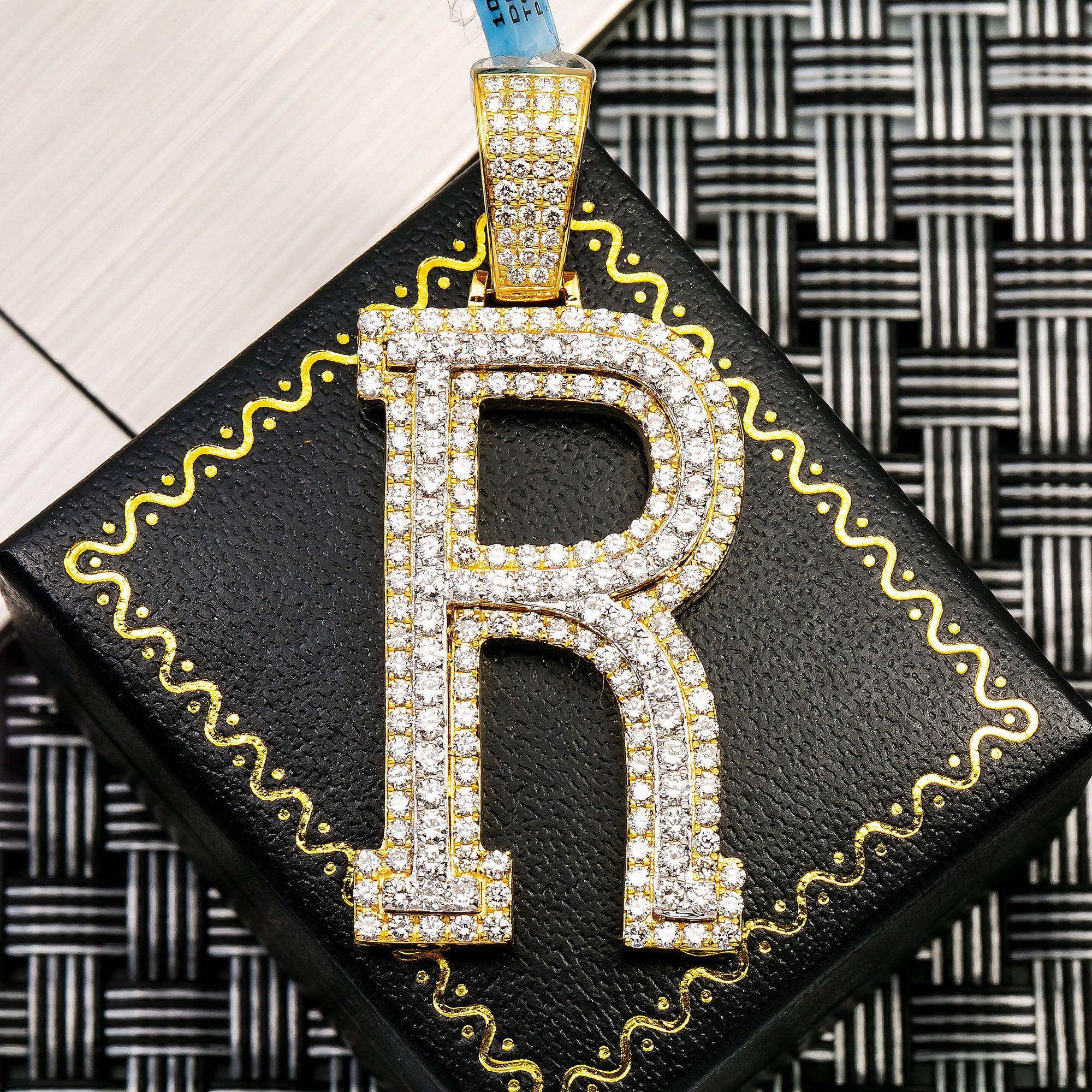 10K YELLOW GOLD LETTER R PENDANT WITH 3.65 CT DIAMONDS