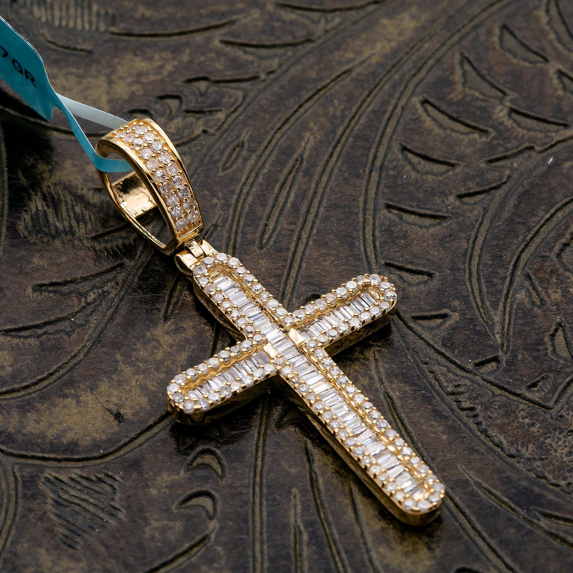 Unisex 14K Yellow Gold Cross Pendant with 0.79 CT Diamonds