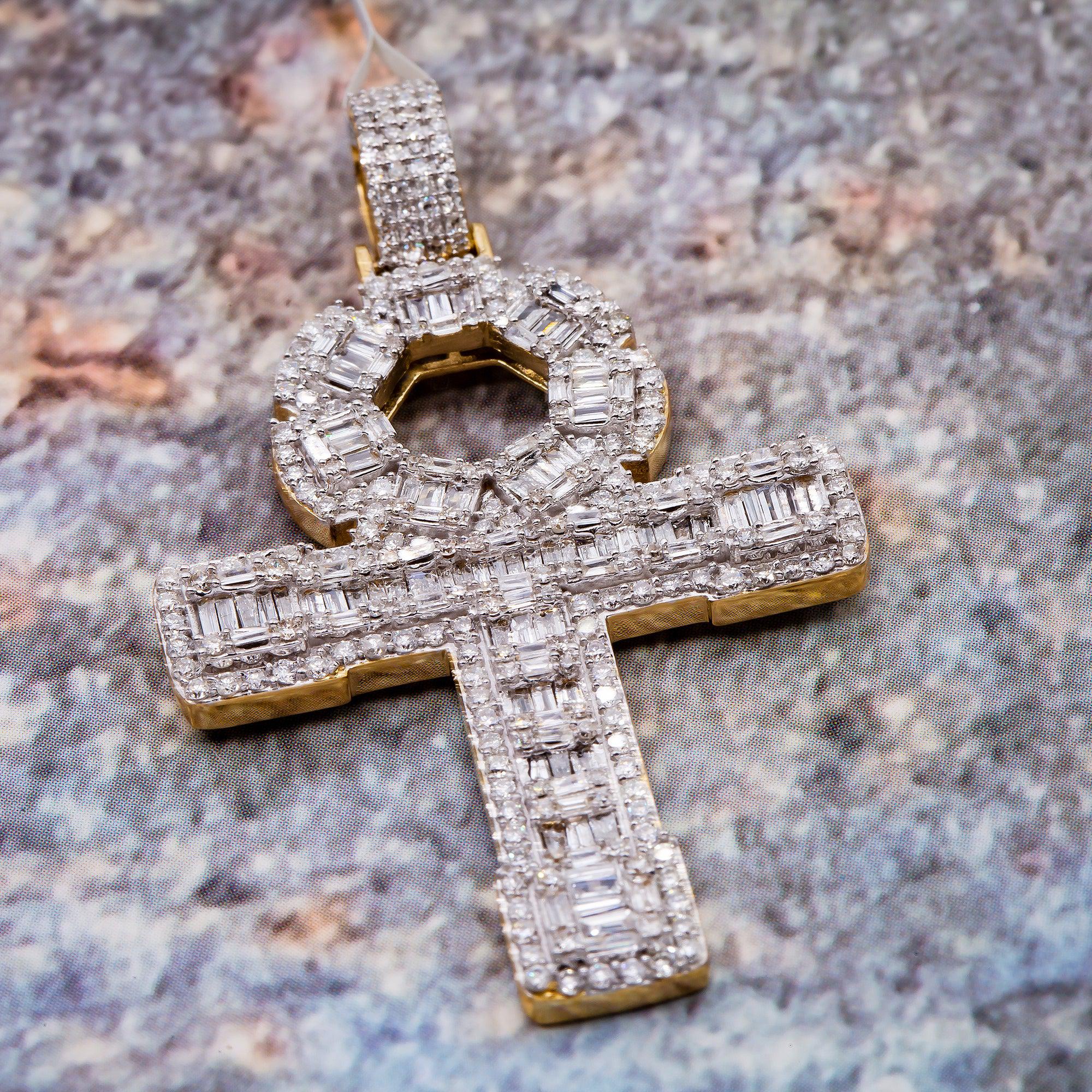 14K White Gold Unisex Ankh Pendant with 1.94 CT Baguette Diamond