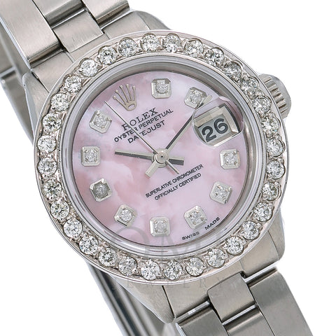 Rolex Oyster Perpetual Diamond Watch, Date 6916 26mm, Pink Diamond Dial With Stainless Steel Oyster Bracelet