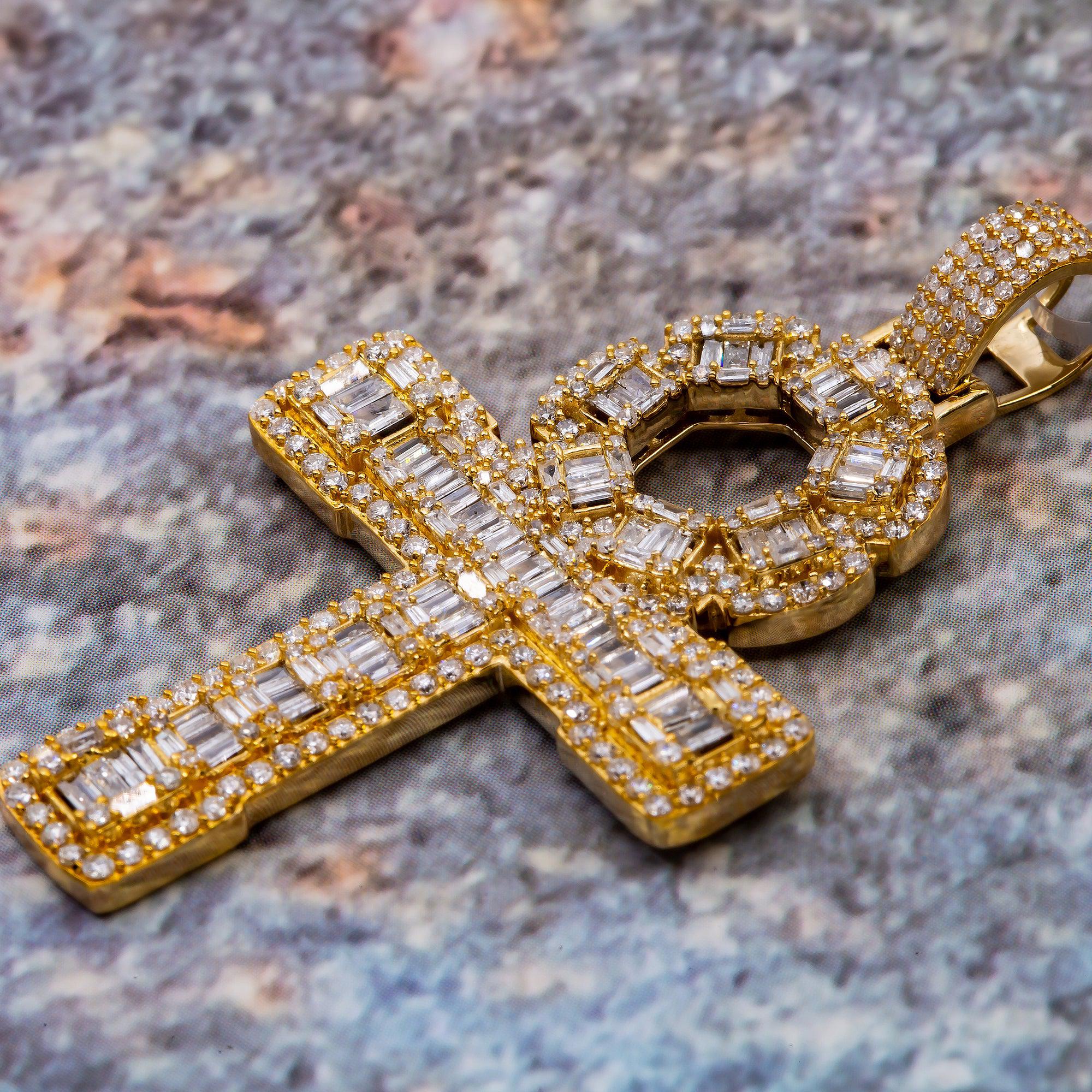 14K Yellow Gold Unisex Ankh Pendant with 2.27 CT Baguette Diamond