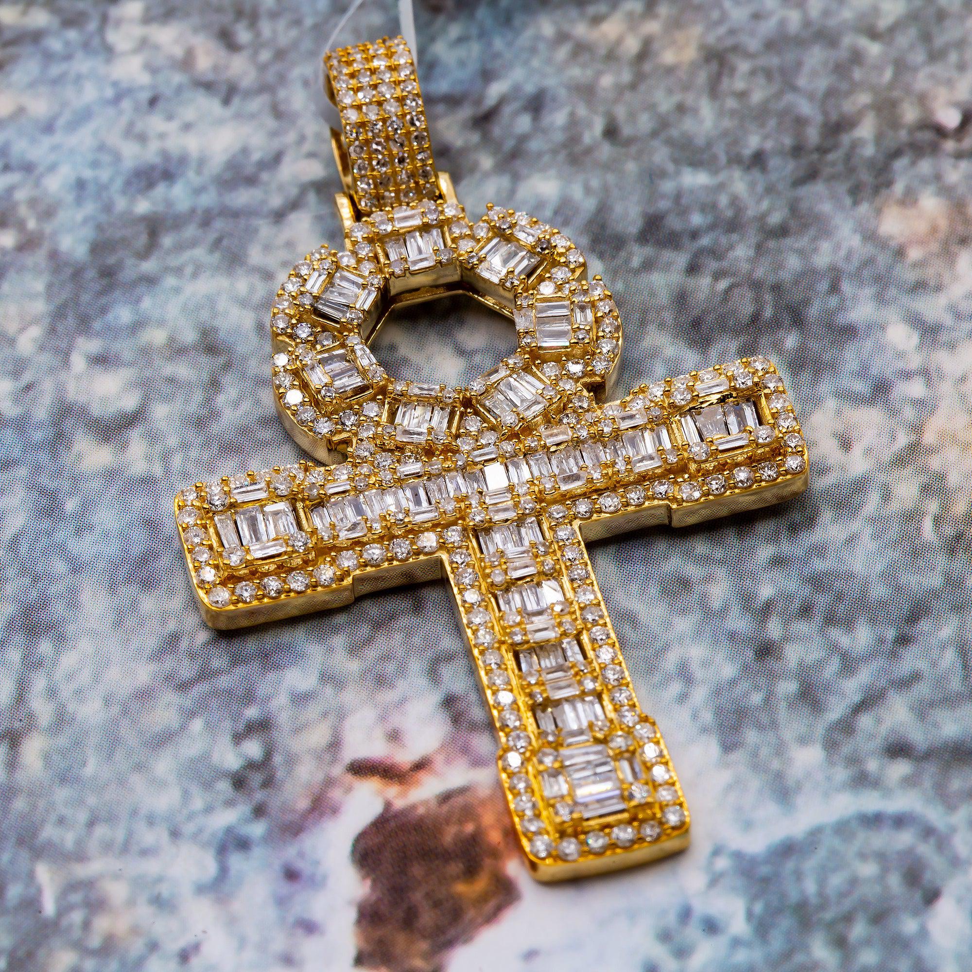 14K Yellow Gold Unisex Ankh Pendant with 2.27 CT Baguette Diamond