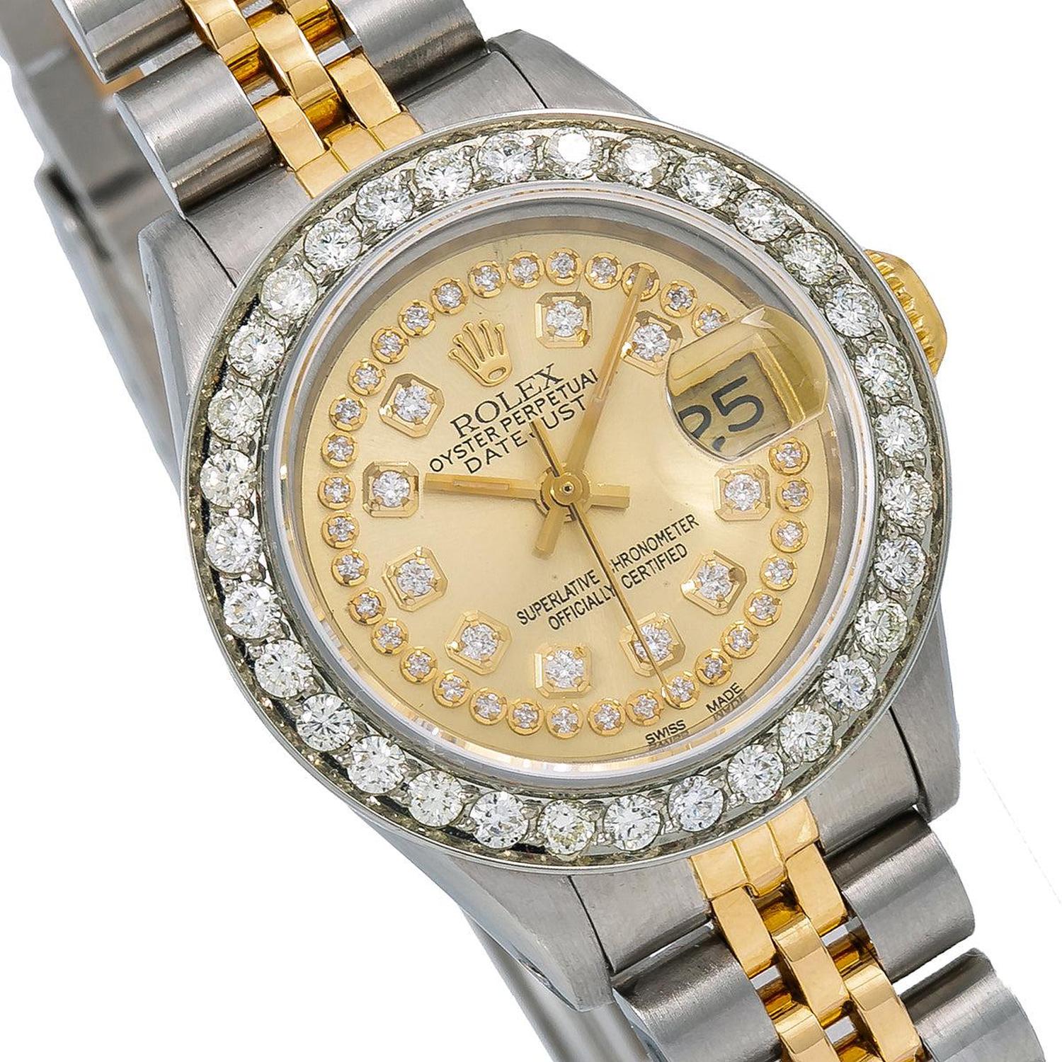 Rolex Datejust 26MM 69173 Champagne Diamond Dial Diamond Bezel Two Tone Yellow Gold Jubilee Bracelet