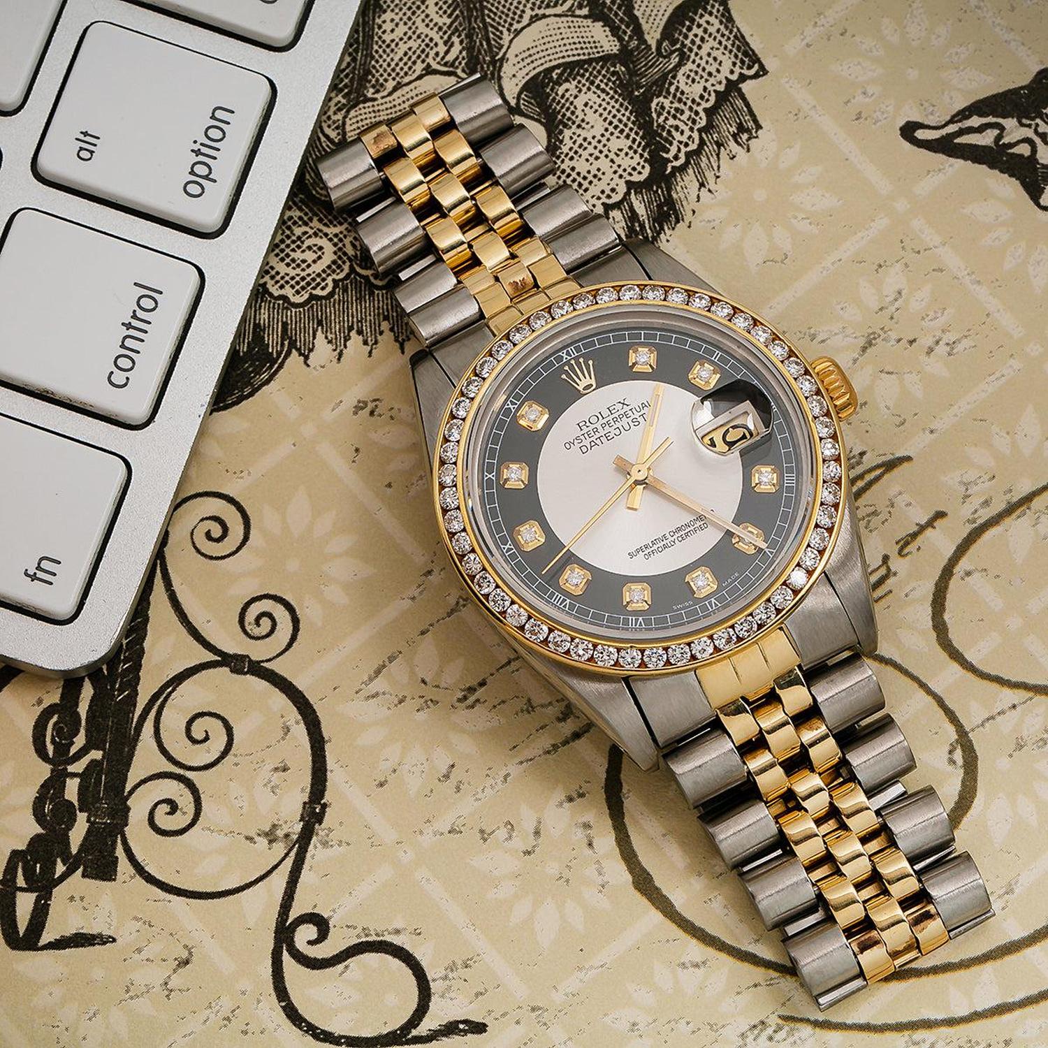 Rolex Datejust 36MM 16013 Black Tuxedo Diamond Dial Diamond Bezel Two Tone Yellow Gold Jubilee Bracelet 1.2ct