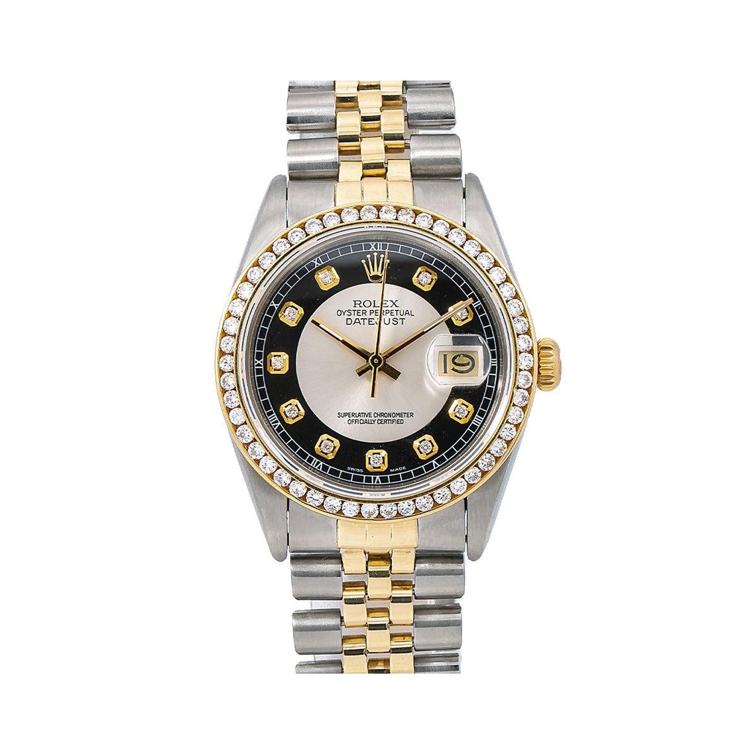 Rolex Datejust 36MM 16013 Black Tuxedo Diamond Dial Diamond Bezel Two Tone Jubilee Bracelet 1.2ct