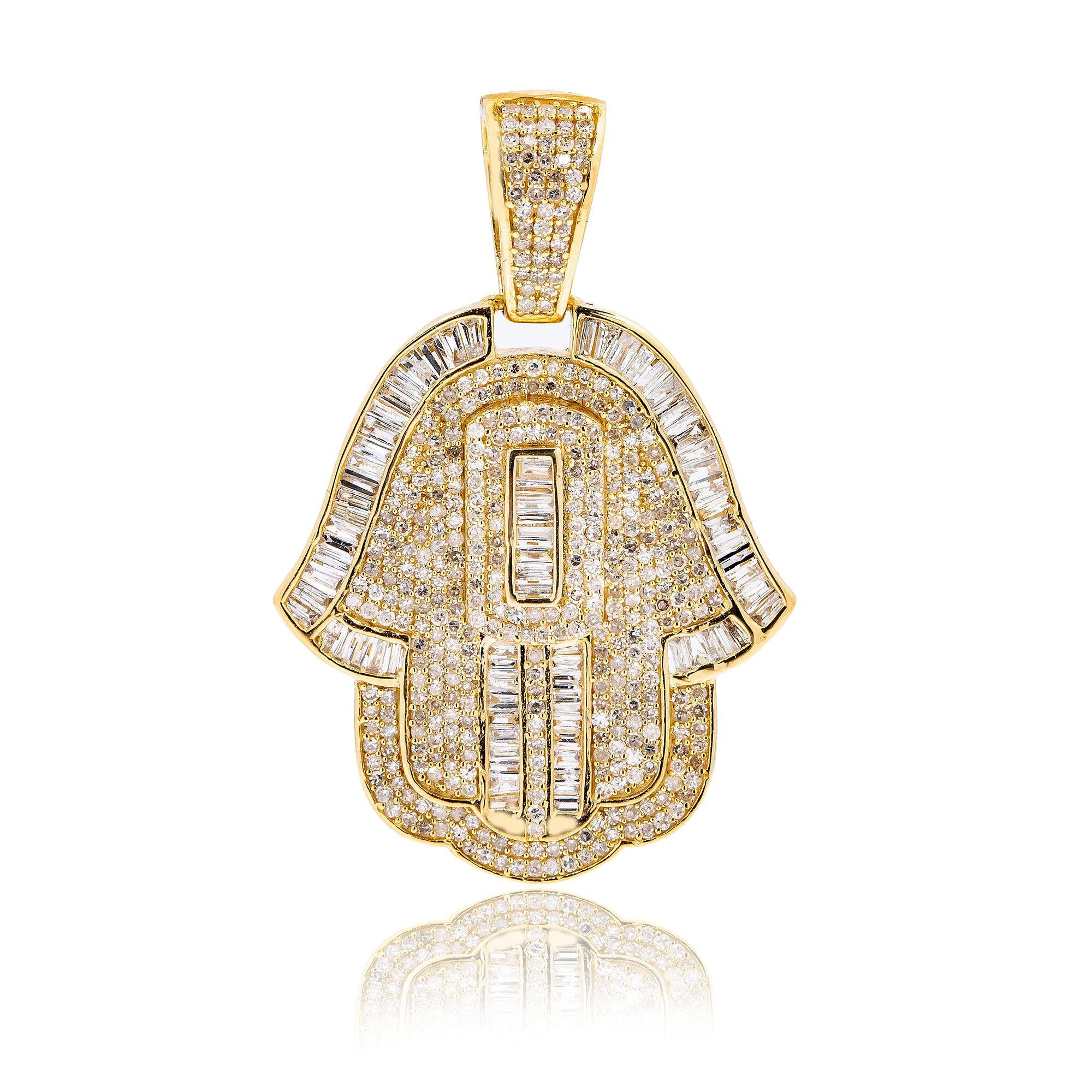 14K Yellow Gold Unisex Hamsa Pendant with 1.94 CT Diamond