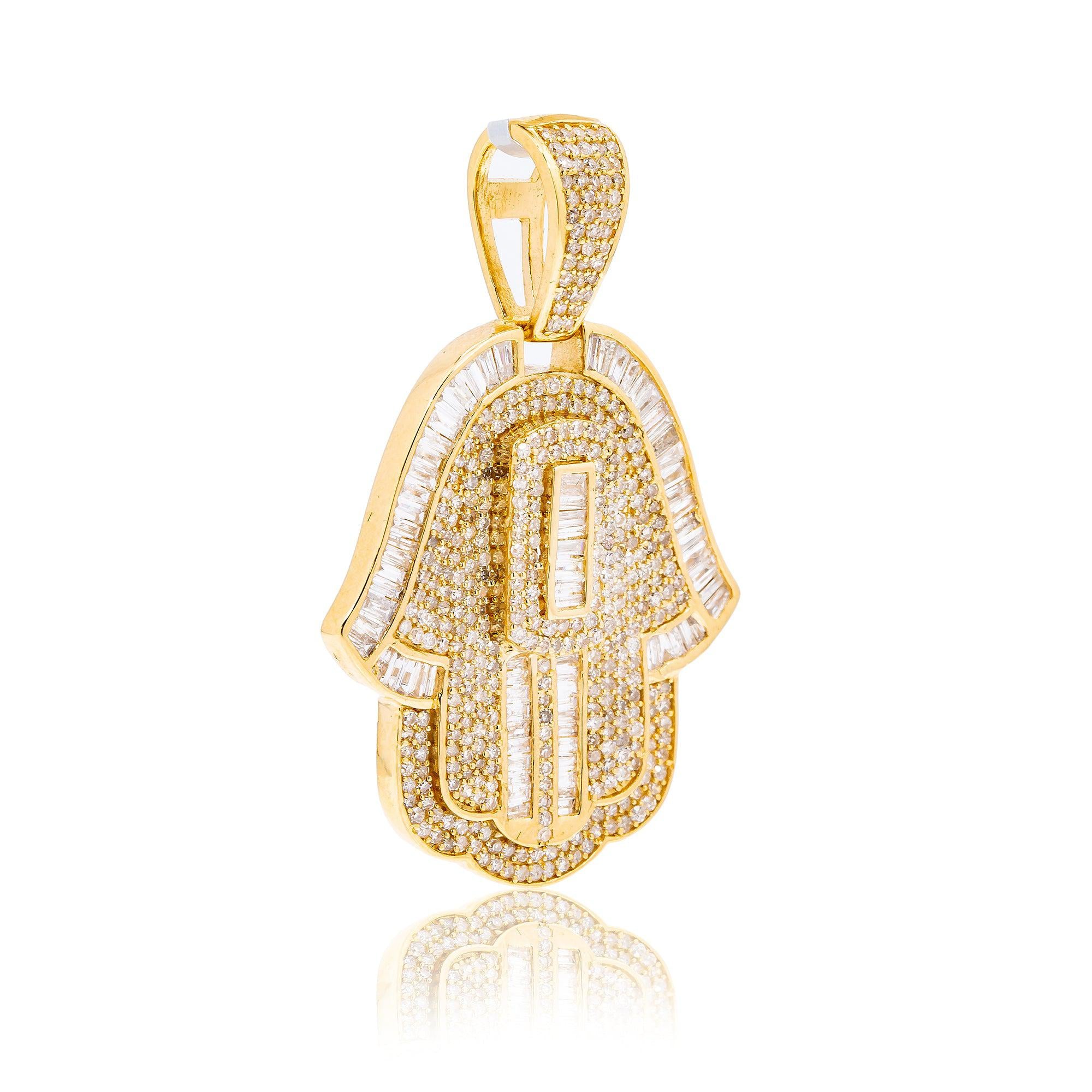 14K Yellow Gold Unisex Hamsa Pendant with 1.94 CT Diamond