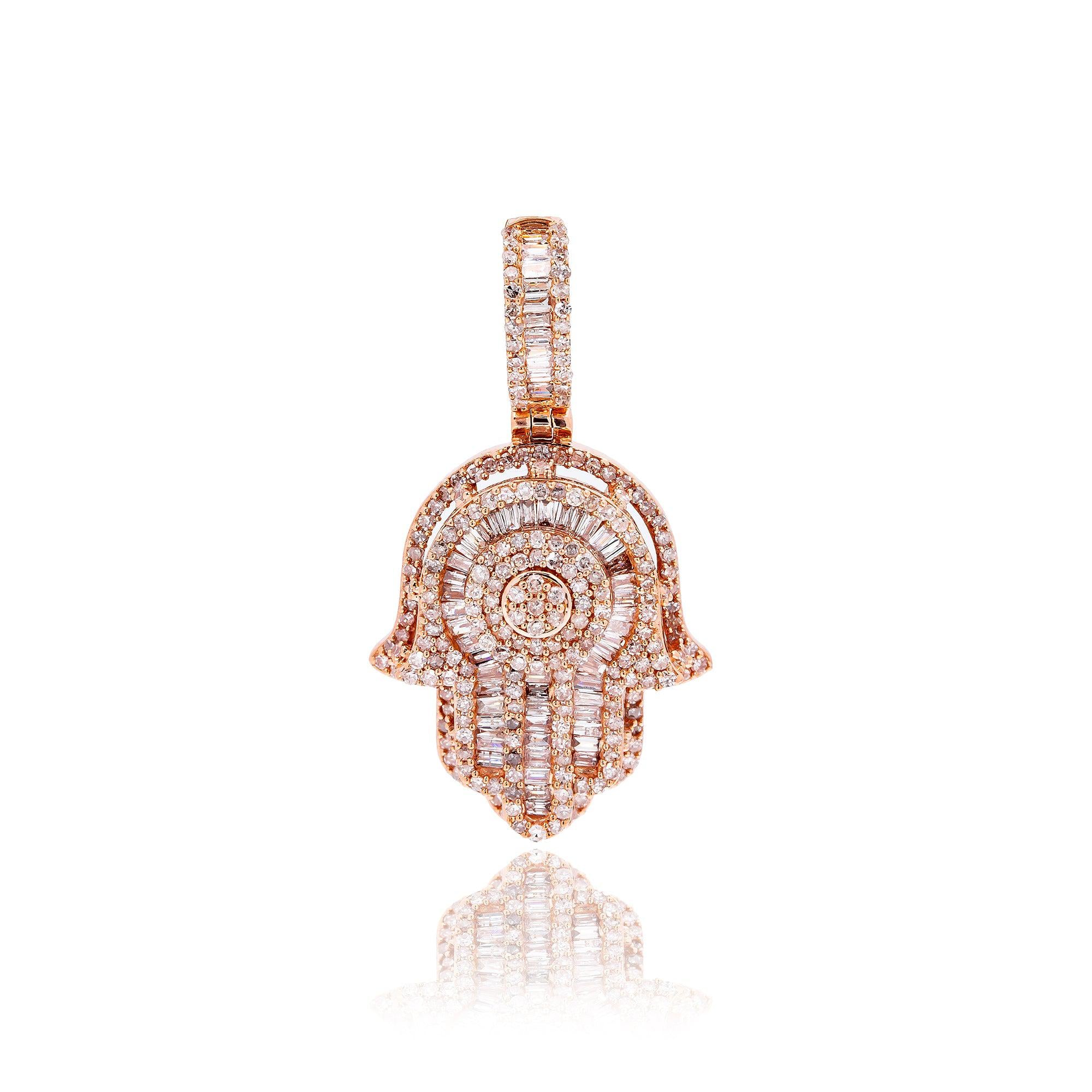 14K Rose Gold Unisex Hamsa Pendant with 1.19 CT Diamond