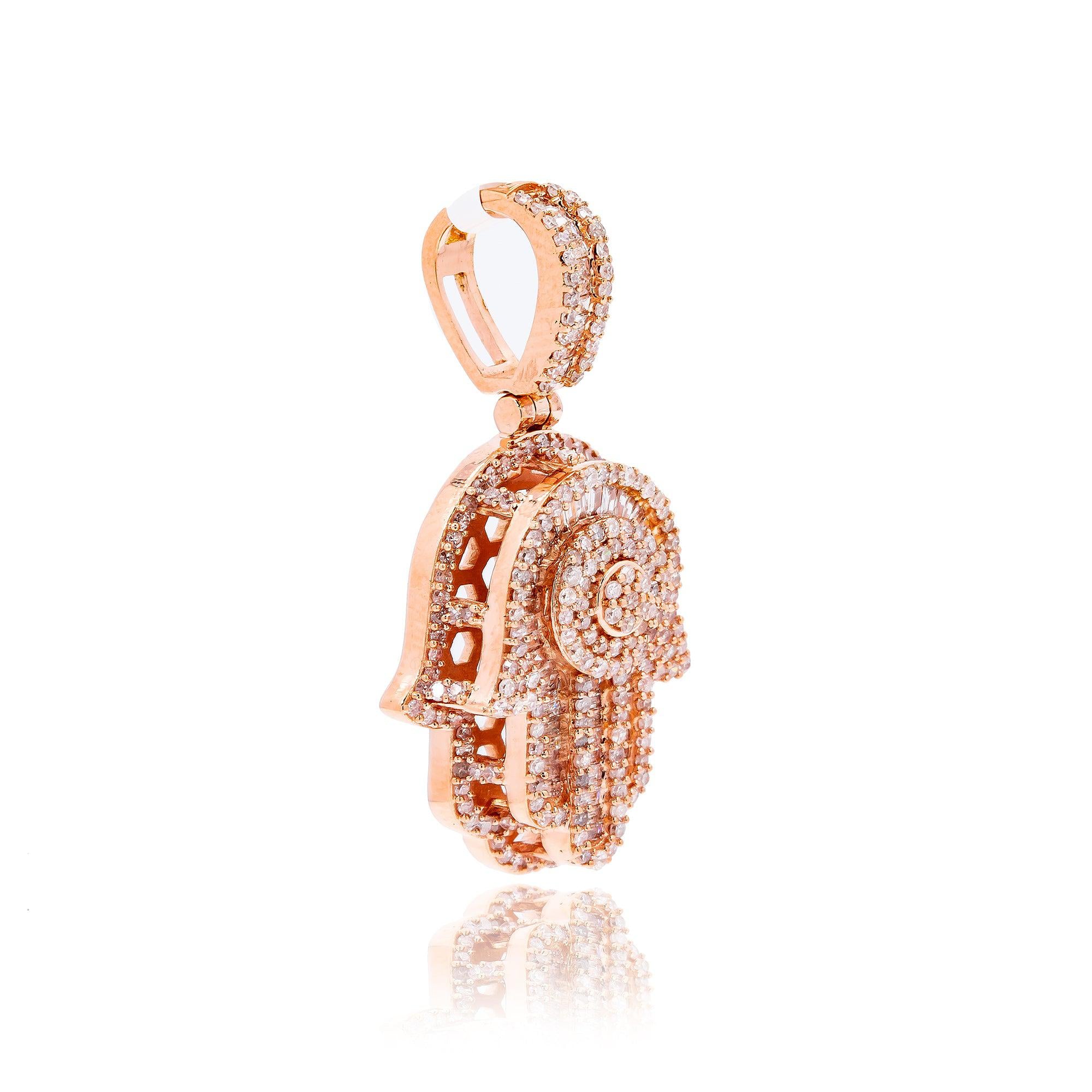 14K Rose Gold Unisex Hamsa Pendant with 1.19 CT Diamond