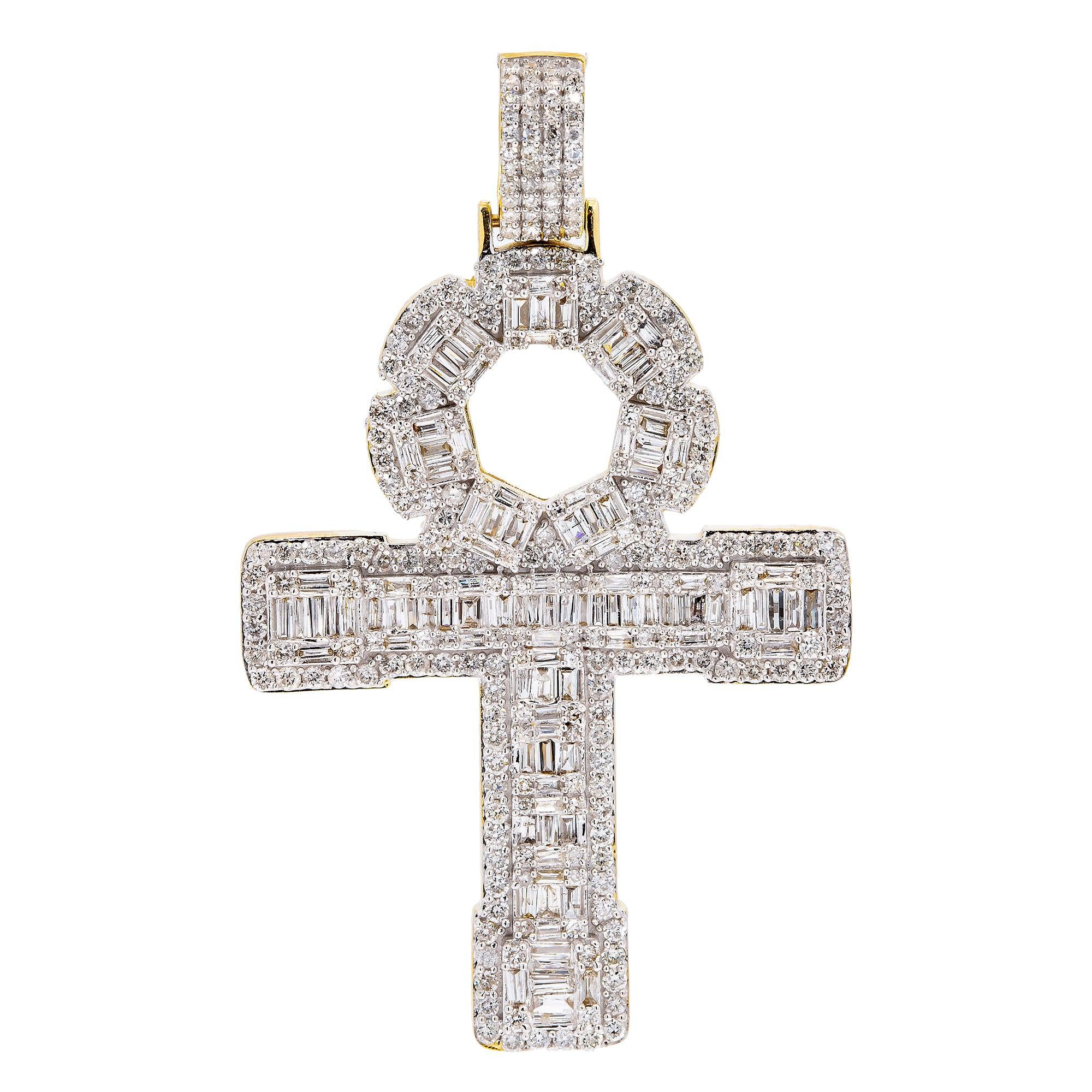 14K White Gold Unisex Ankh Pendant with 1.94 CT Baguette Diamond