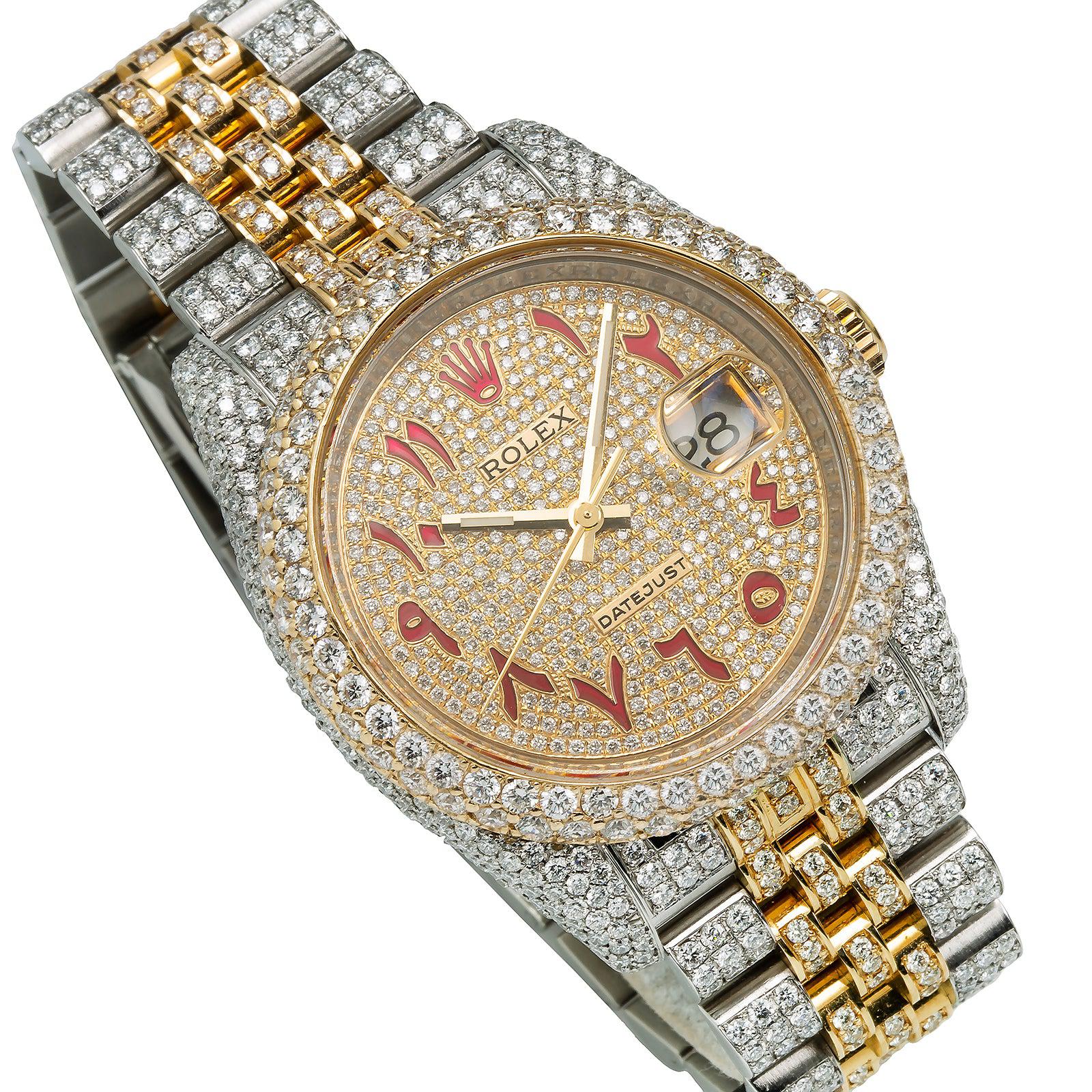Rolex Datejust 36MM 116233 Diamond Paved Red Eastern Arabic Dial Diamond Bezel Two Tone Yellow Gold Full Diamond Jubilee Bracelet 13.25ct
