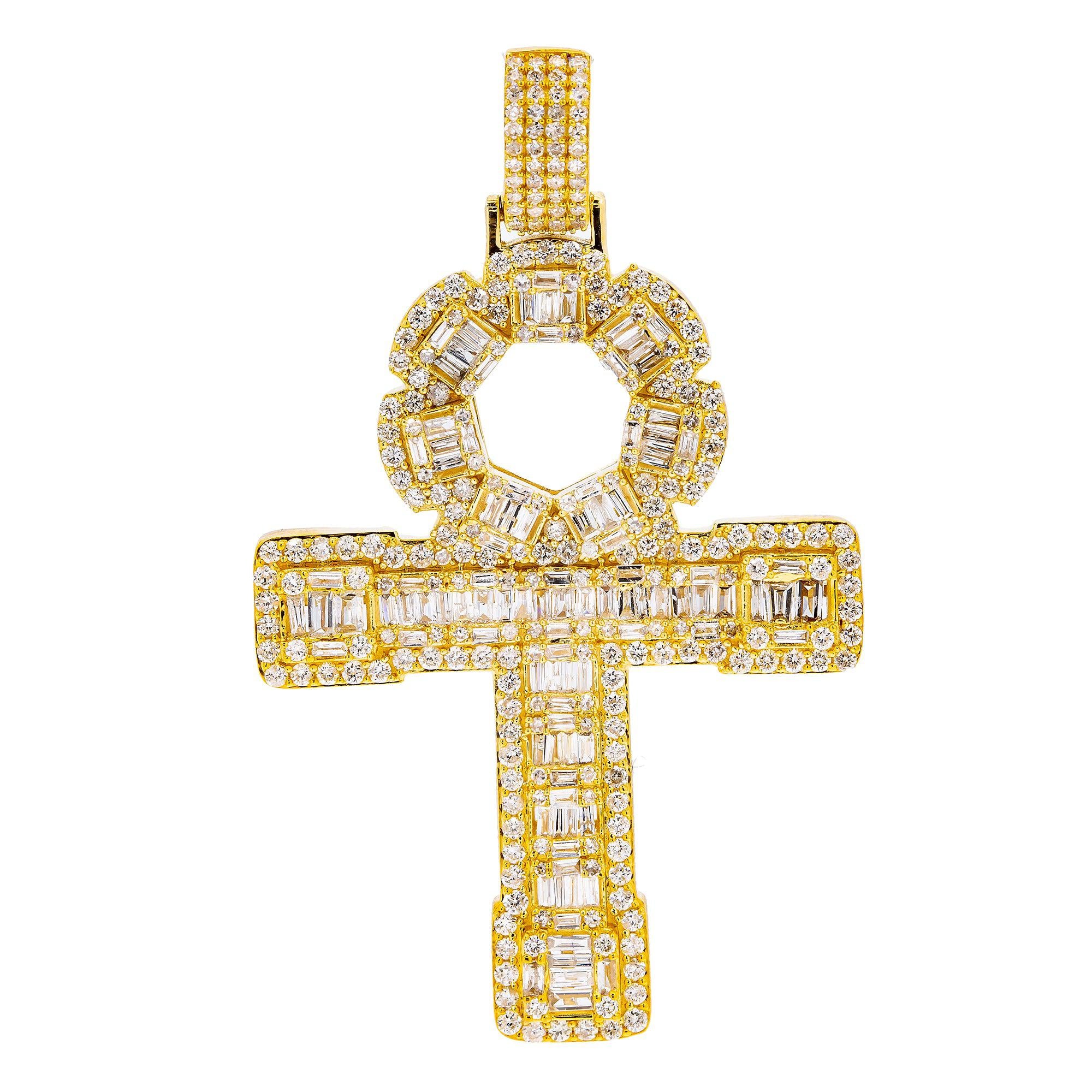 14K Yellow Gold Unisex Ankh Pendant with 2.27 CT Baguette Diamond