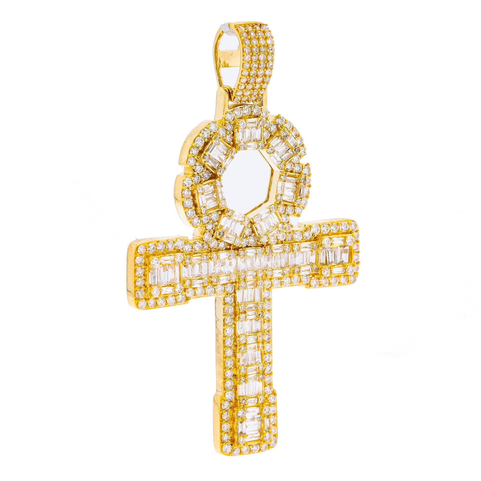 14K Yellow Gold Unisex Ankh Pendant with 2.27 CT Baguette Diamond
