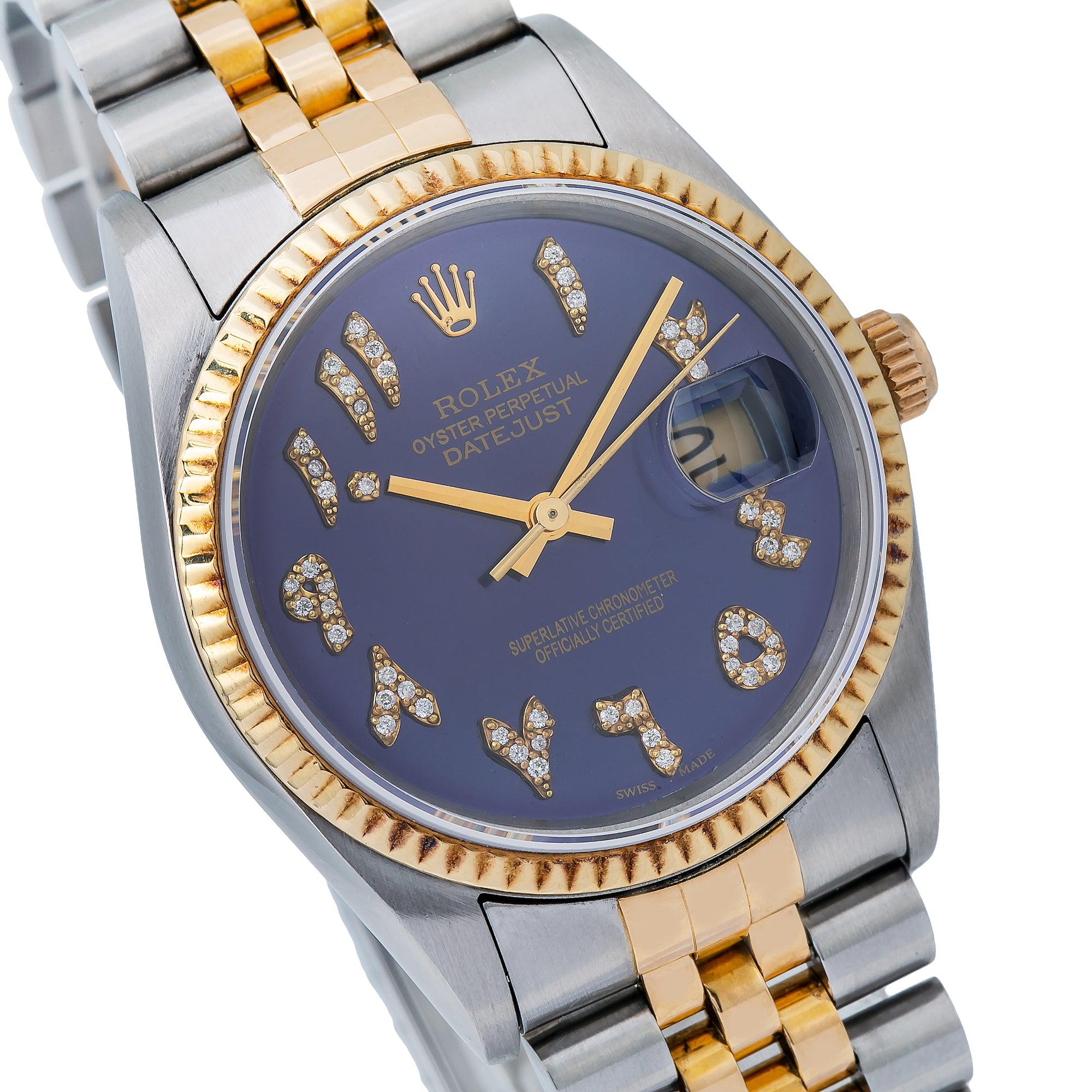 Rolex Datejust 36MM 16233 Blue Eastern Arabic Diamond Dial Fluted Bezel Two Tone Yellow Gold Jubilee Bracelet