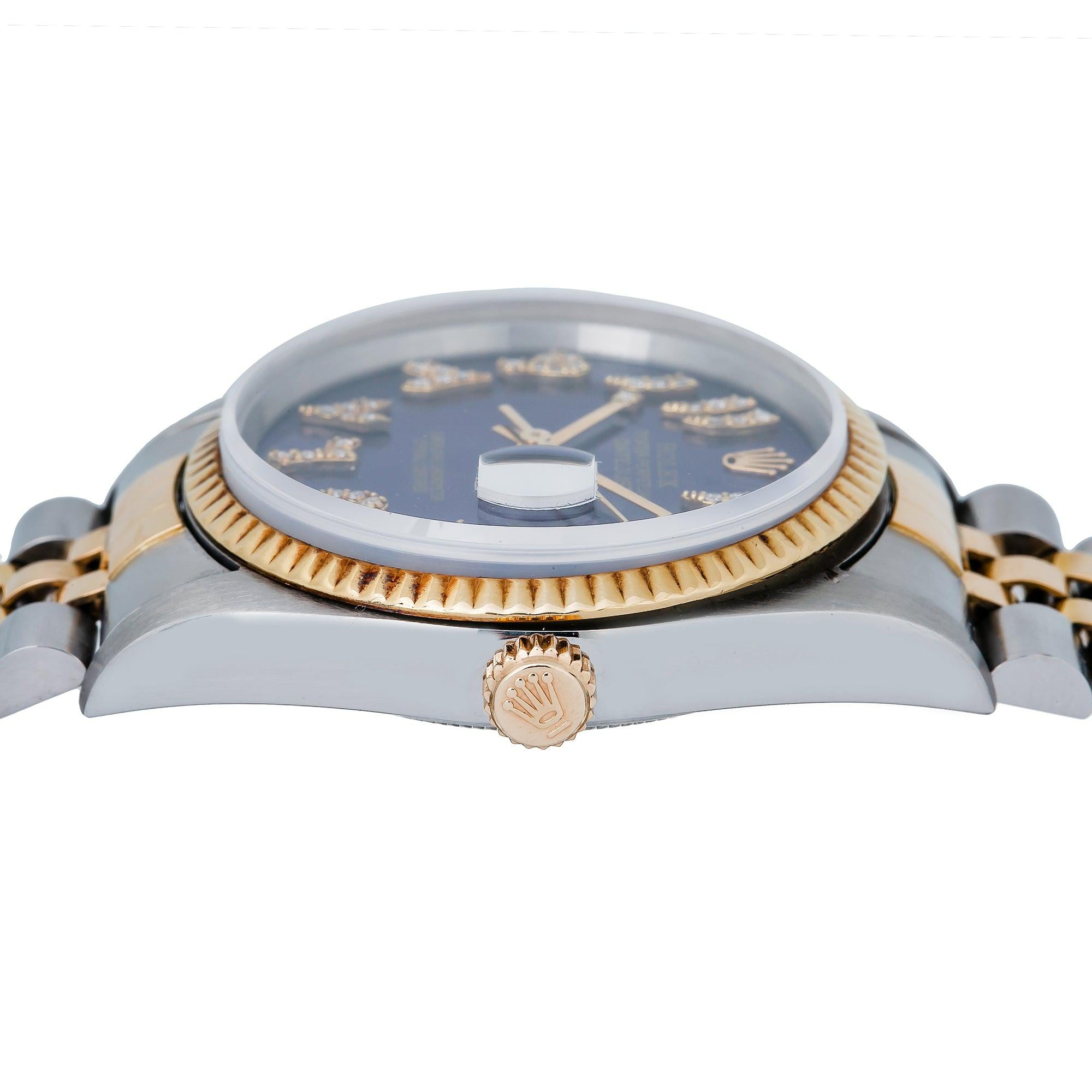 Rolex Datejust 36MM 16233 Blue Eastern Arabic Diamond Dial Fluted Bezel Two Tone Yellow Gold Jubilee Bracelet