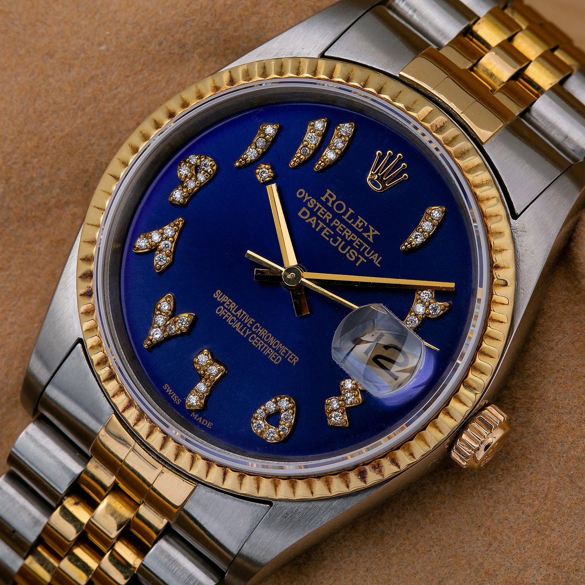 Rolex Datejust 36MM 16233 Blue Eastern Arabic Diamond Dial Fluted Bezel Two Tone Yellow Gold Jubilee Bracelet