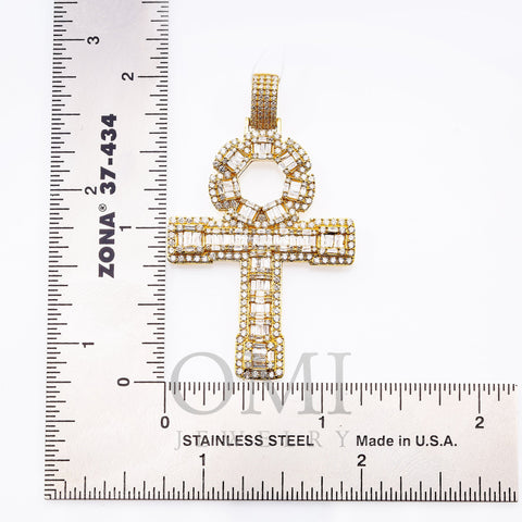14K Yellow Gold Unisex Ankh Pendant with 2.27 CT Baguette Diamond