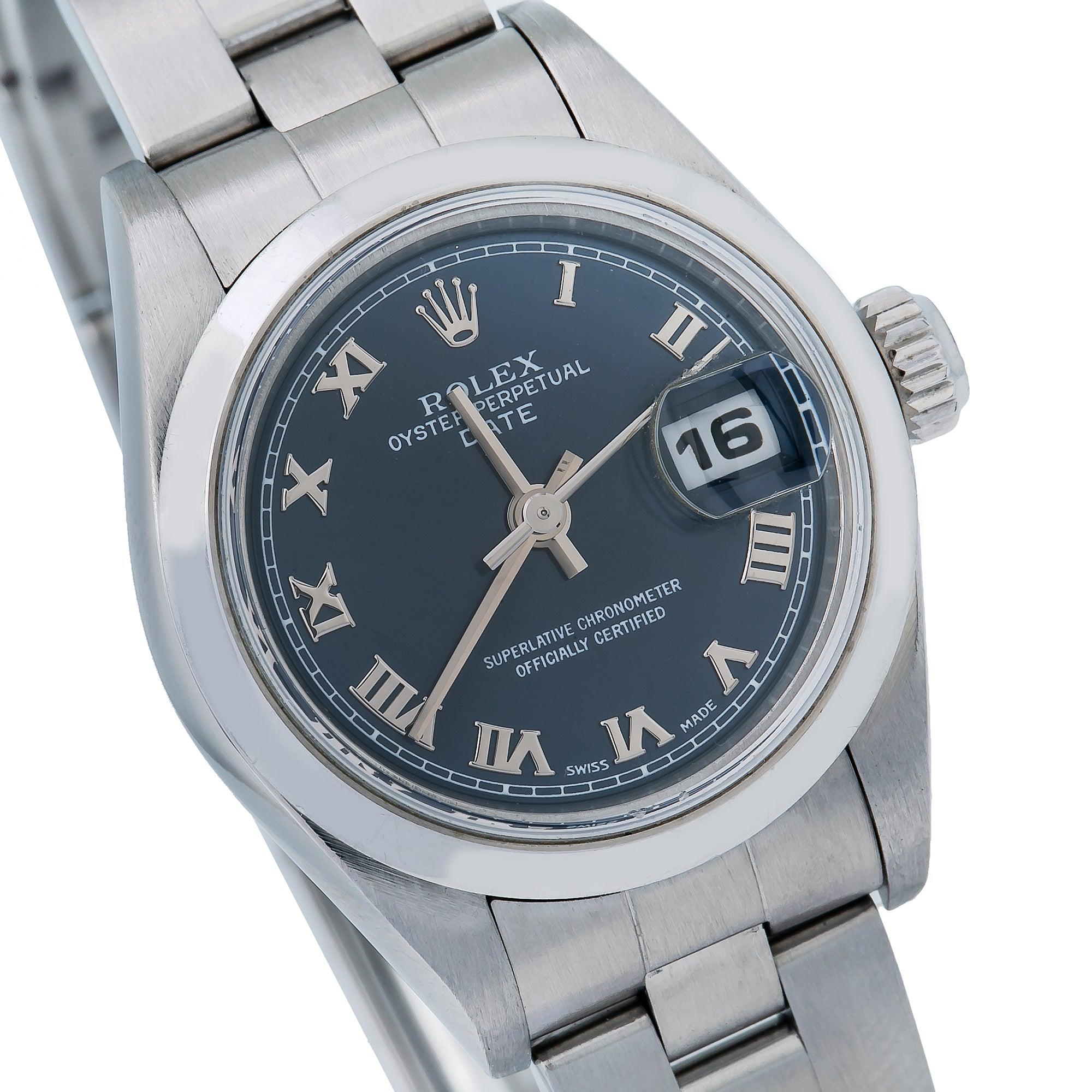 Rolex Date 26MM 79160 Blue Roman Dial Smooth Bezel Stainless Steel Oyster Bracelet