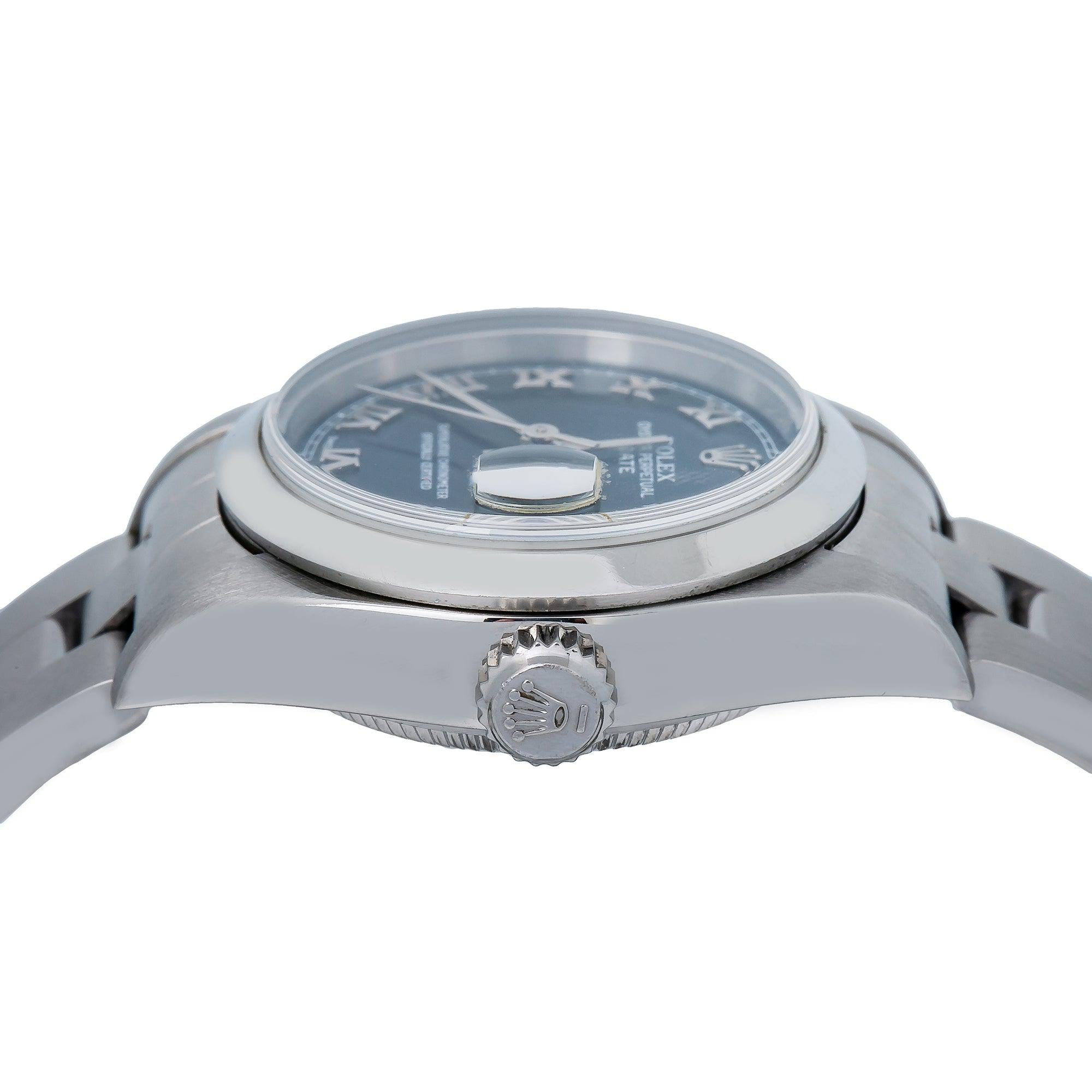 Rolex Date 26MM 79160 Blue Roman Dial Smooth Bezel Stainless Steel Oyster Bracelet