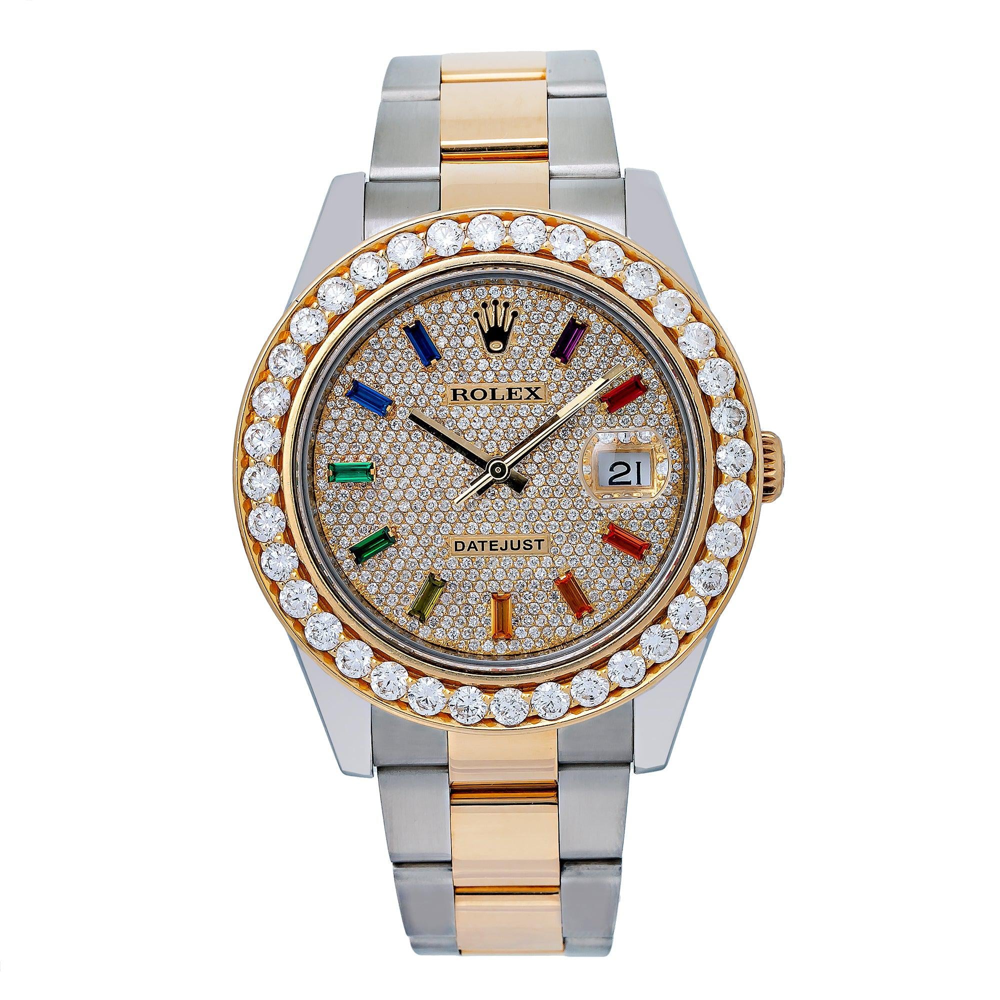 Rolex Datejust II 41MM 116333 Diamond Paved Rainbow Hour Dial Diamond Bezel Two Tone Oyster Bracelet