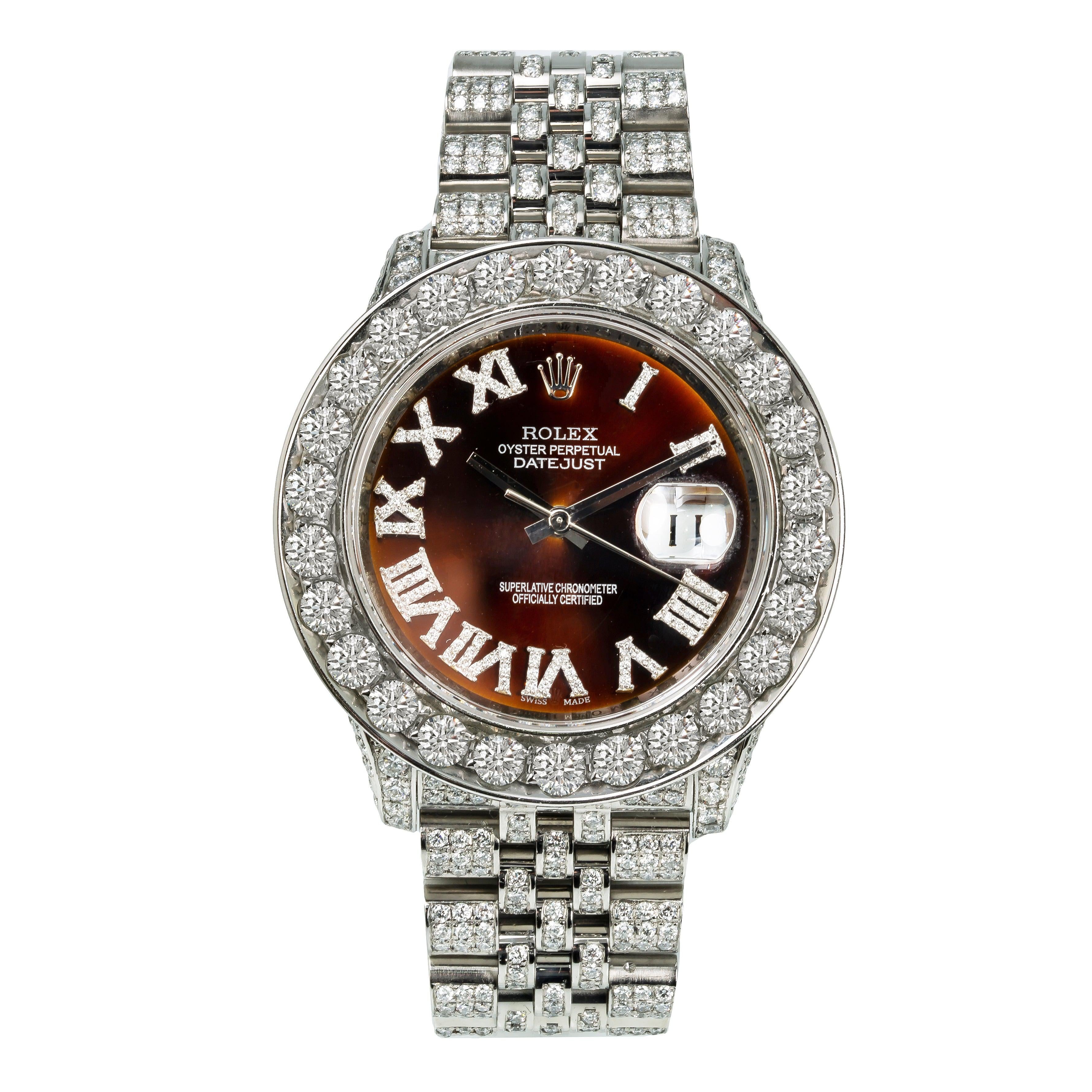 Rolex Datejust 36MM 116234 Brown Roman Dial Diamond Bezel Full Diamond Oyster Bracelet 15.25ct