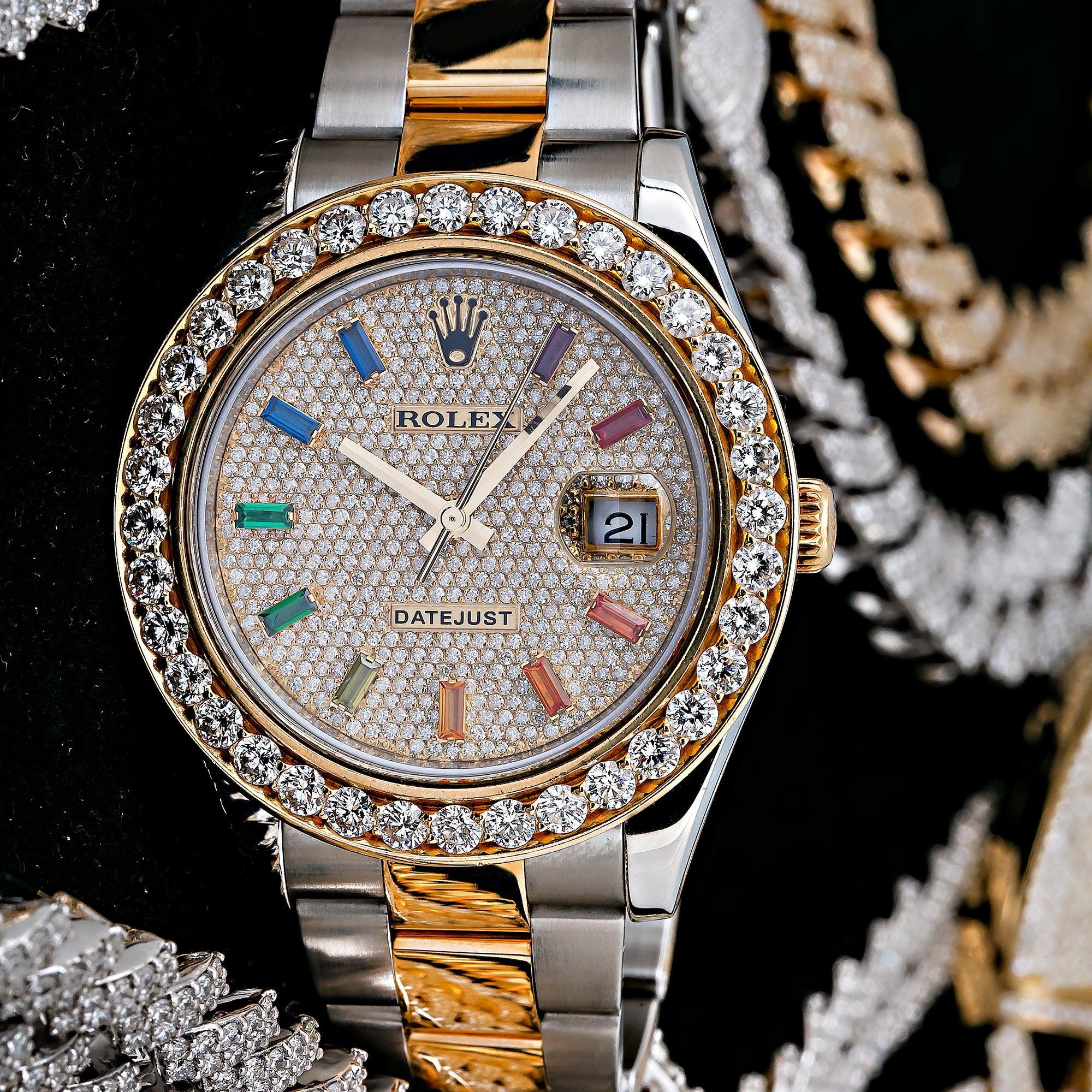 Rolex Datejust II 41MM 116333 Diamond Paved Rainbow Hour Dial Diamond Bezel Two Tone Yellow Gold Oyster Bracelet