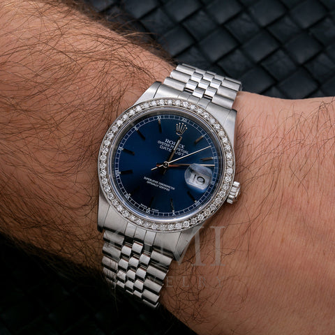 Udvidelse Uganda Enhed Rolex Datejust 16220 36MM Blue Dial With 1.10 CT Diamonds - OMI Jewelry