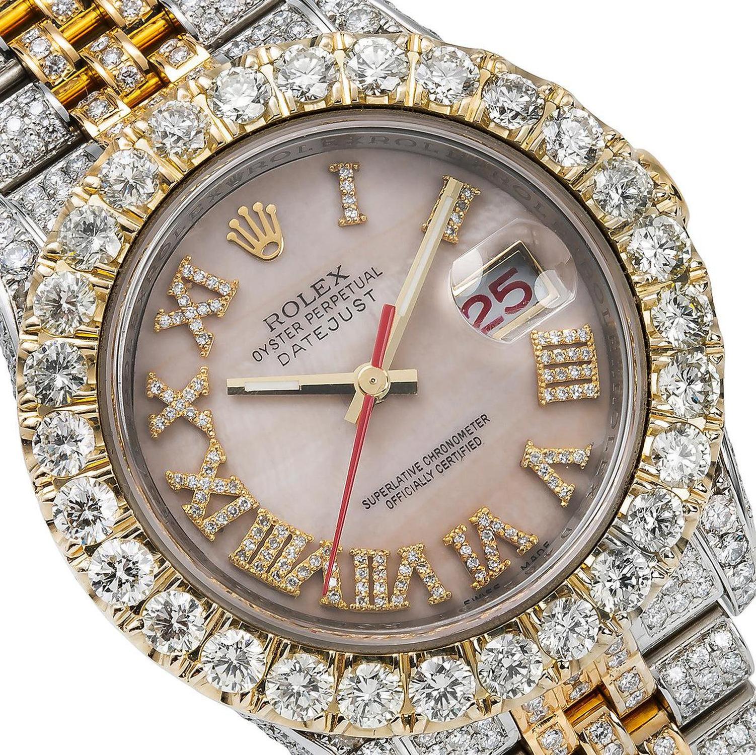 Rolex Datejust 36MM 116263 Pink Mother of Pearl Roman Diamond Dial Diamond Bezel Two Tone Yellow Gold Full Diamond Jubilee Bracelet 13.75ct