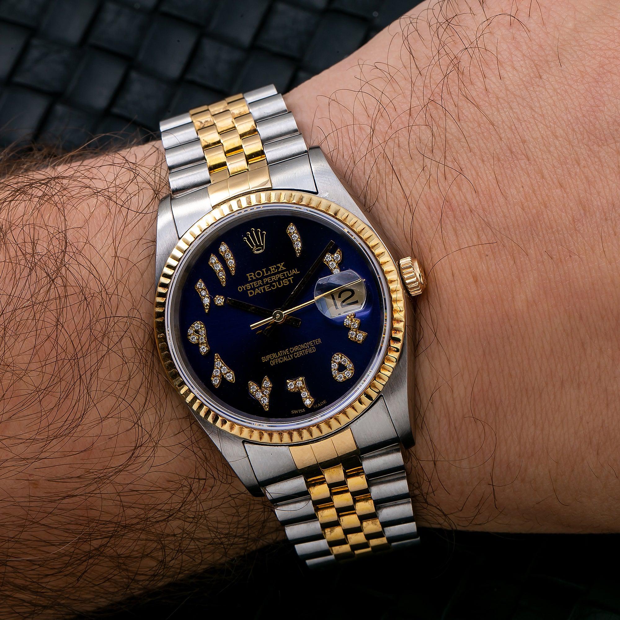 Rolex Datejust 36MM 16233 Blue Eastern Arabic Diamond Dial Fluted Bezel Two Tone Yellow Gold Jubilee Bracelet