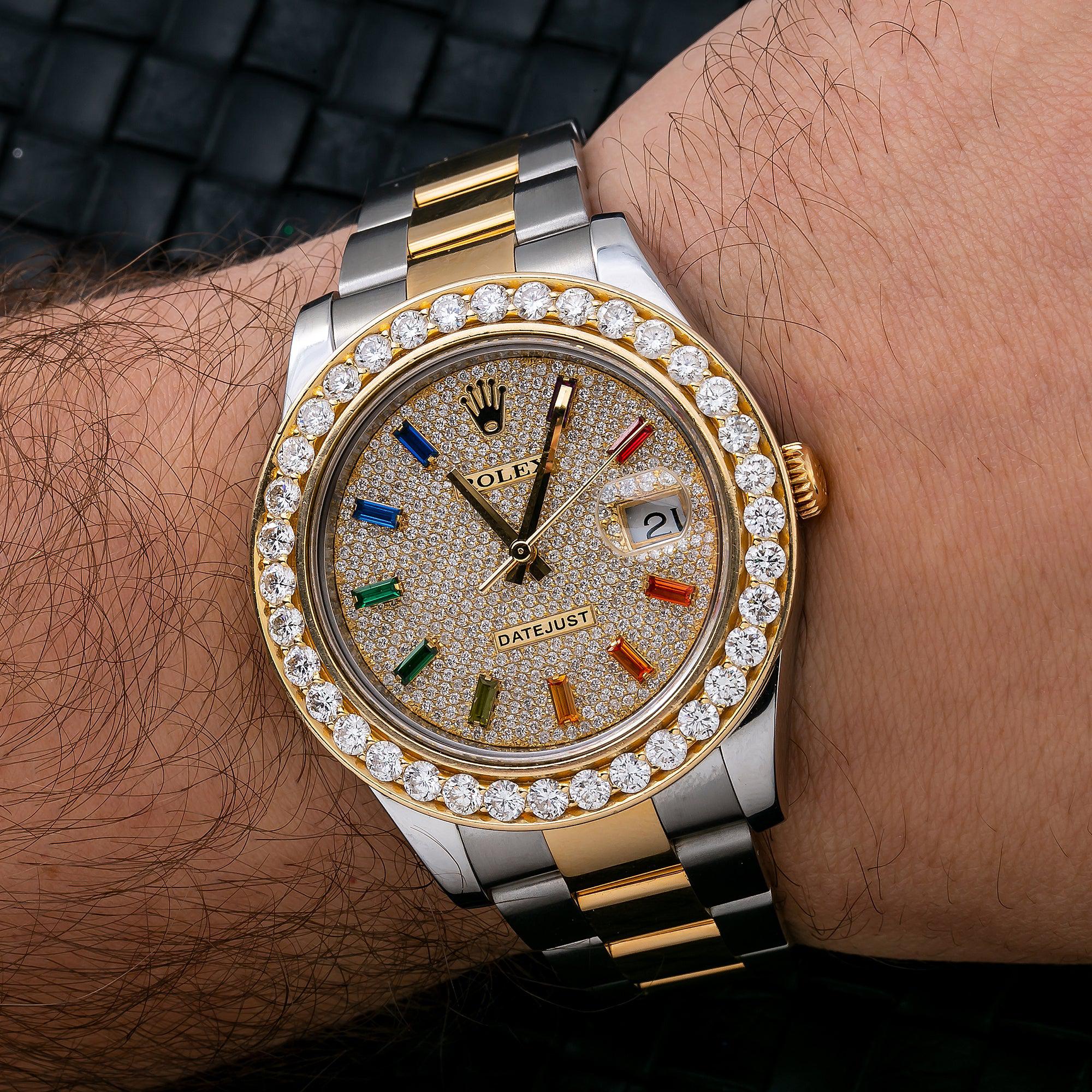 Rolex Datejust II 41MM 116333 Diamond Paved Rainbow Hour Dial Diamond Bezel Two Tone Yellow Gold Oyster Bracelet