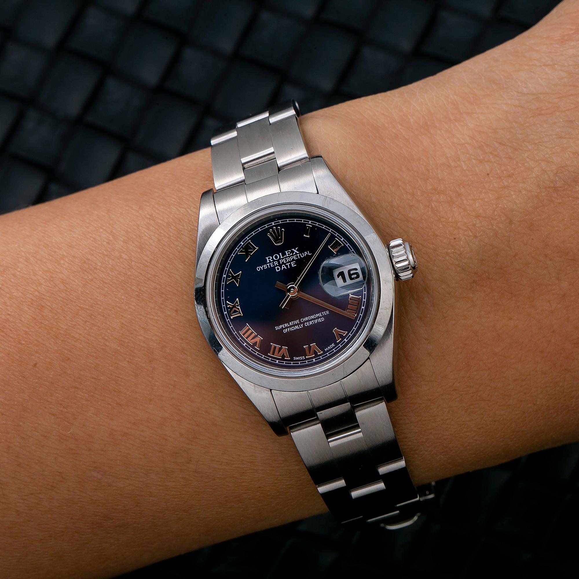 Rolex Date 26MM 79160 Blue Roman Dial Smooth Bezel Stainless Steel Oyster Bracelet