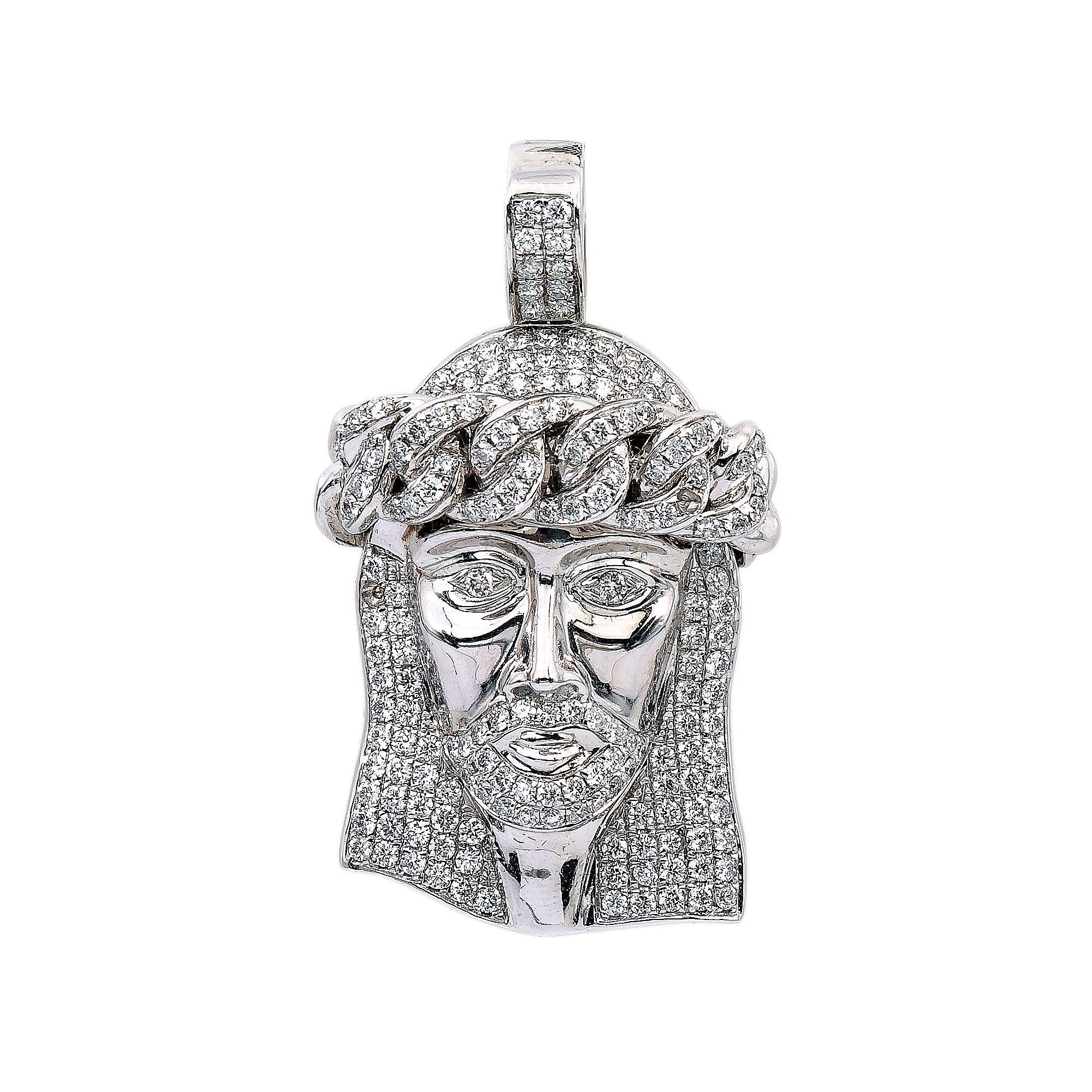 14K White Gold Diamond Jesus Head Shaped Pendant