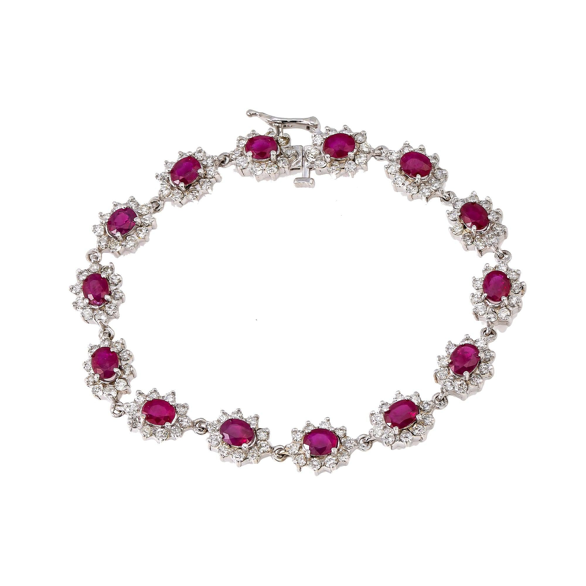 14K White Gold Gemstone Bracelet With 3.67 CT Diamond And 6.63 CT Rubies