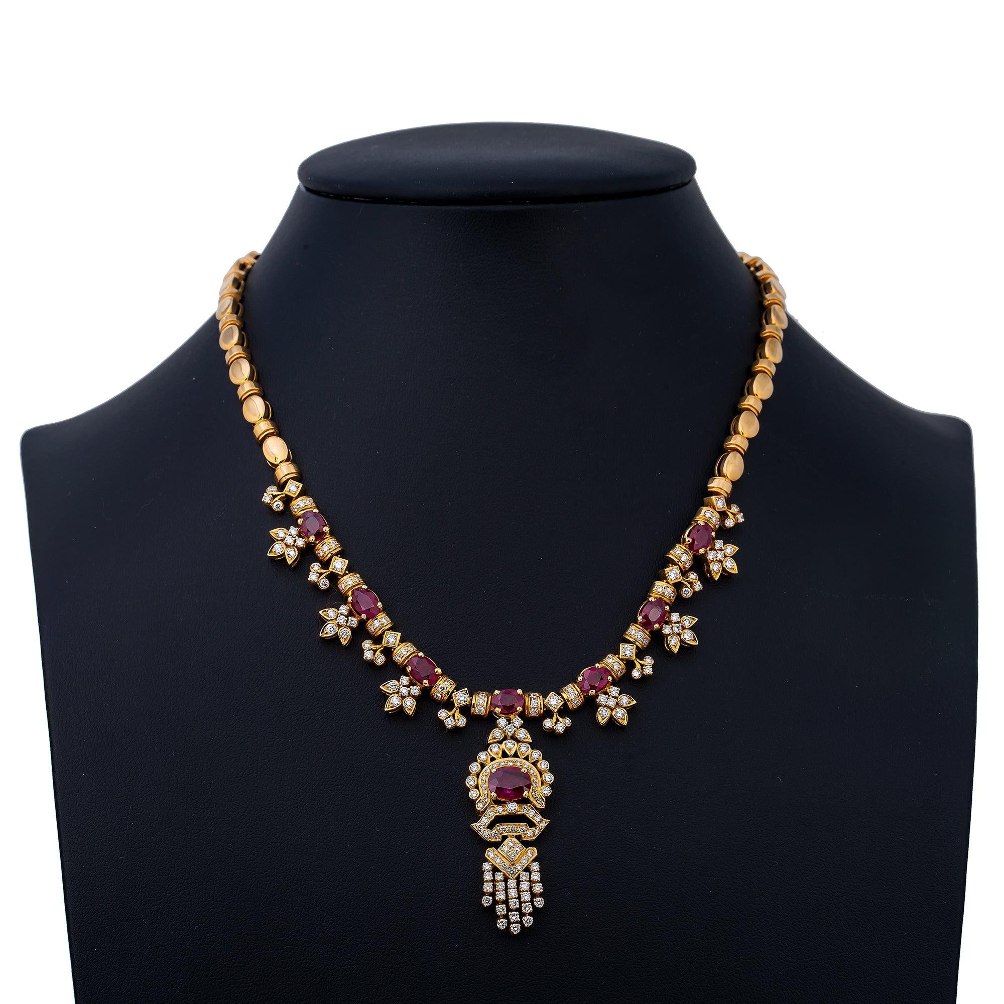 18K Yellow Gold  Women's Necklace, 18" Chain and Diamonds and Rubies