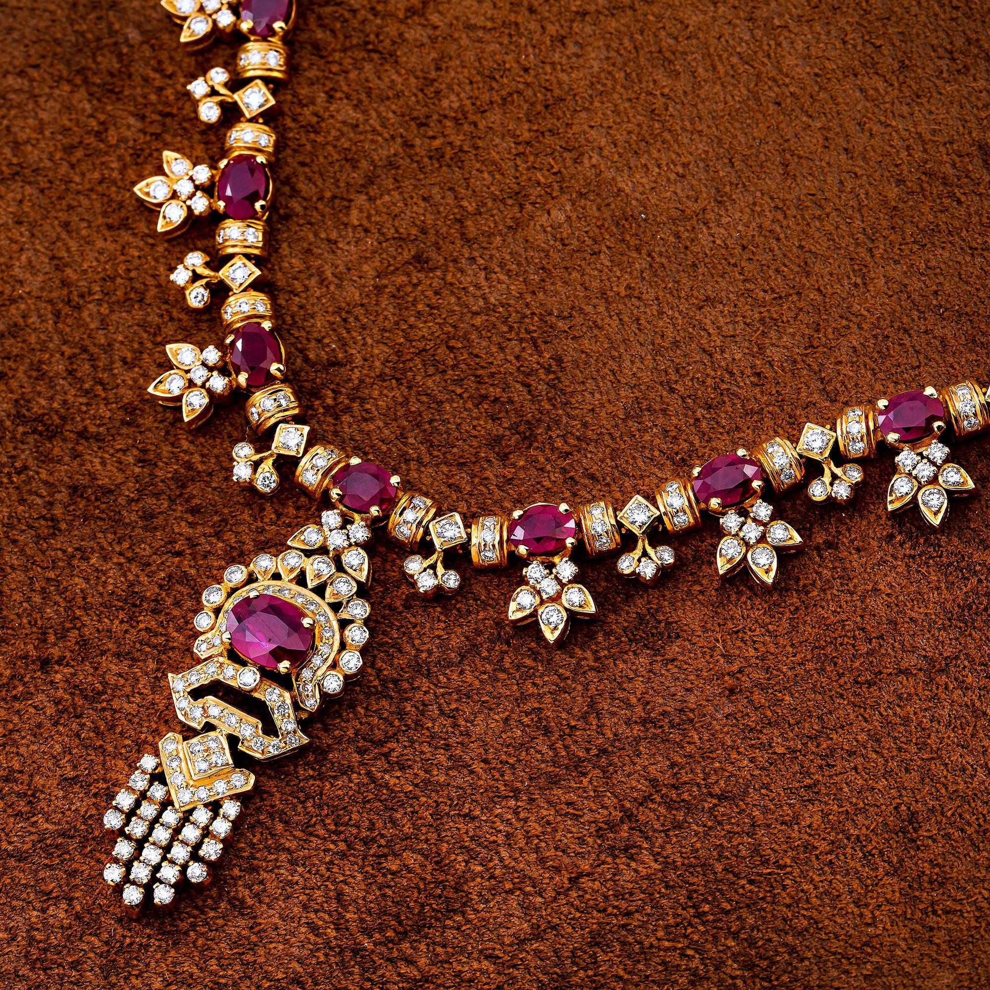 18K Yellow Gold  Women's Necklace, 18" Chain and Diamonds and Rubies