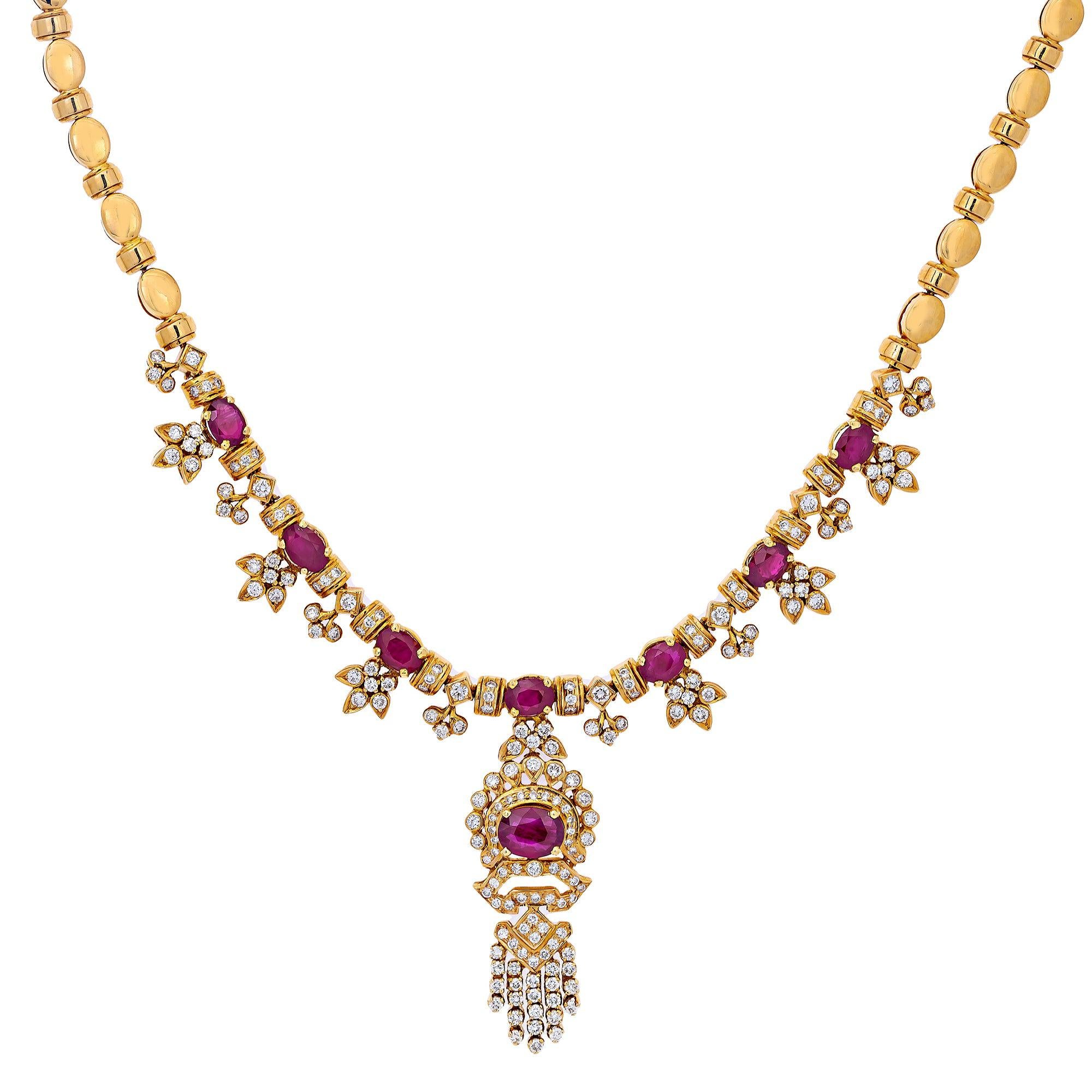 18K Yellow Gold  Women's Necklace, 18" Chain and Diamonds and Rubies