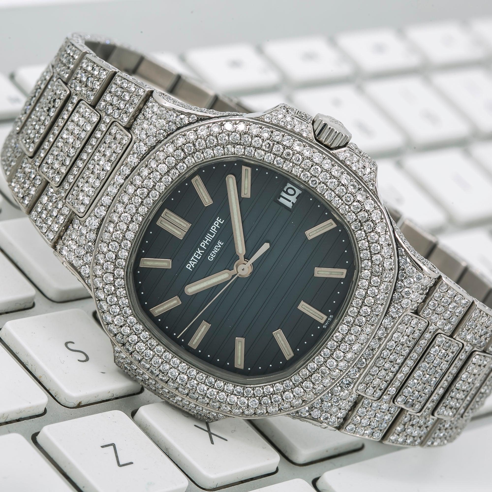 Patek Philippe Nautilus 40MM 5711 Blue Dial Diamond Paved Bezel Stainless Steel Full Diamond Bracelet