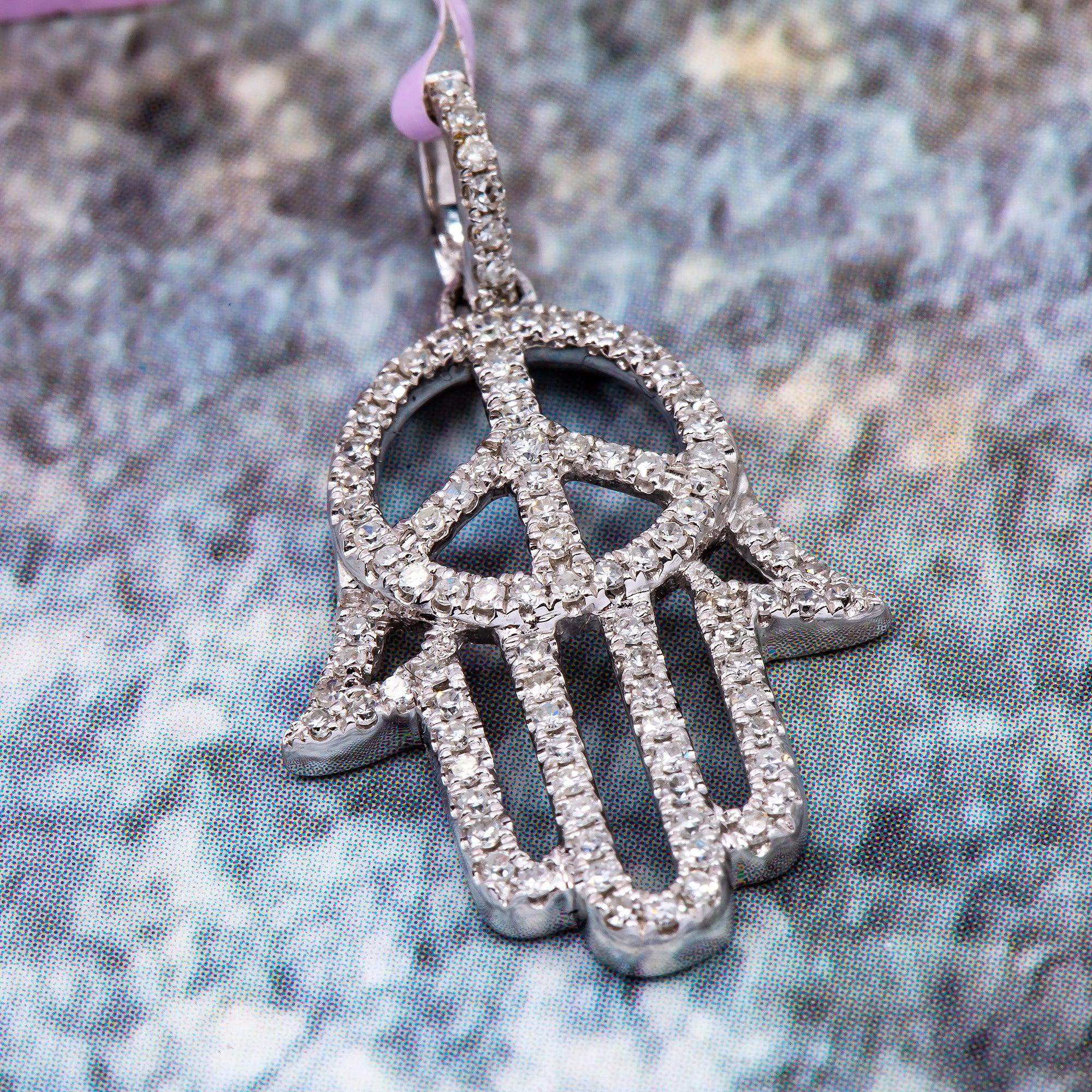 14K White Gold "Hamsa" Hand Women's Pendant 0.38 CT Diamonds