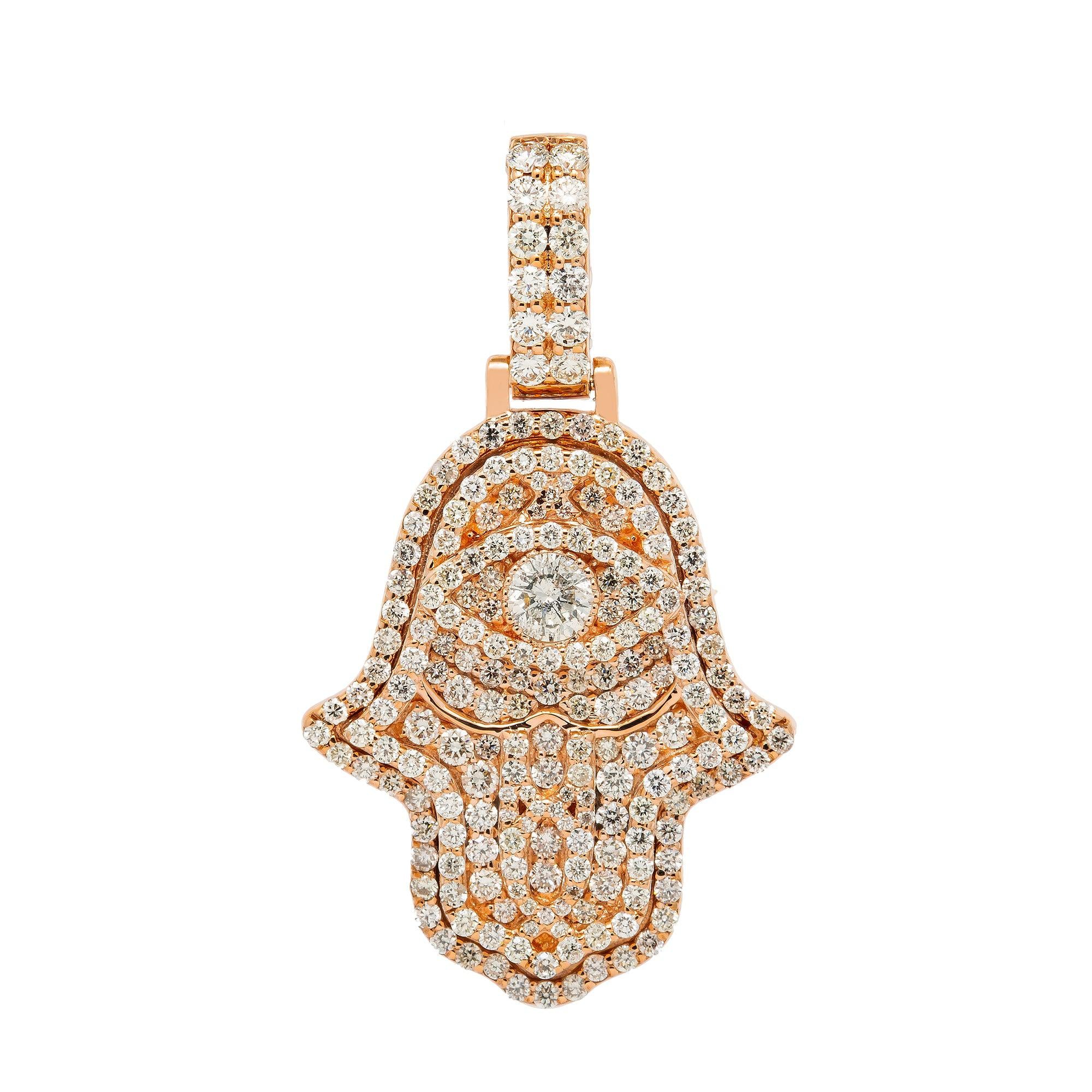 14K GOLD DIAMOND 3D HAMSA PENDANT 1.60 CT ROUND CUT CENTER