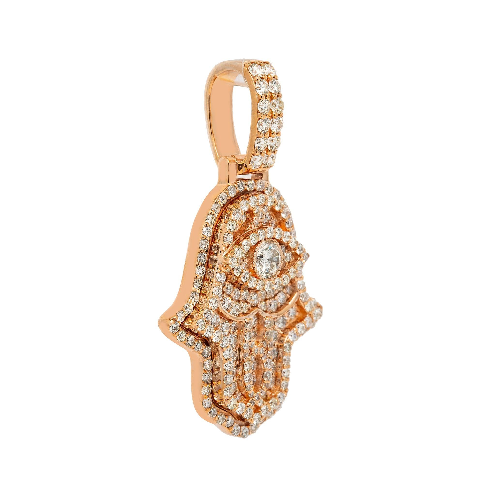 14K GOLD DIAMOND 3D HAMSA PENDANT 1.60 CT ROUND CUT CENTER
